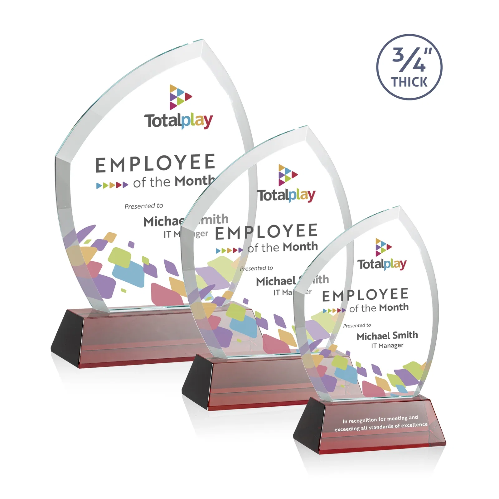 Custom printed Starfire Crystal Peak Award on Tall Tapered Base, awards for sales achievement awards