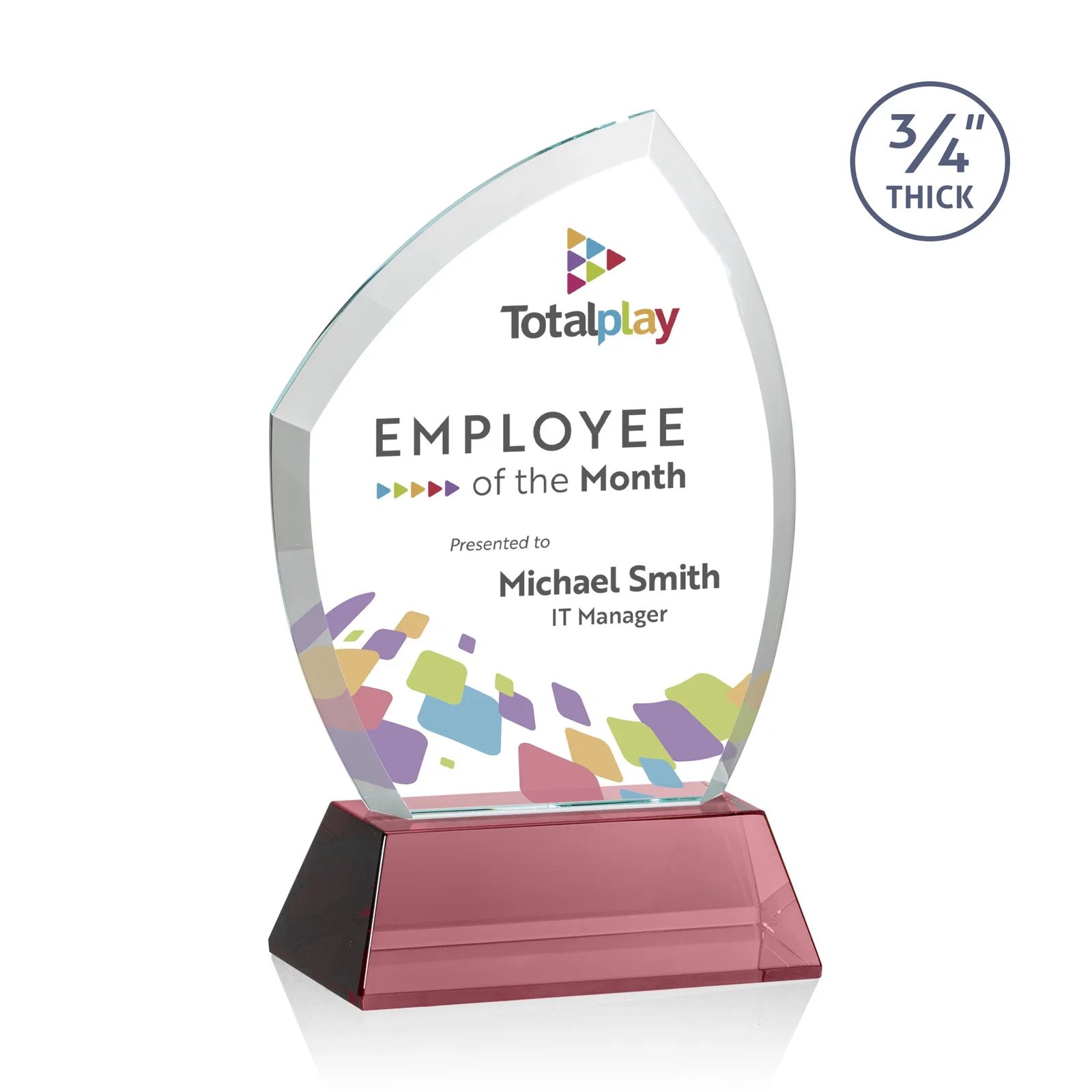 Custom printed Starfire Crystal Peak Award on Tall Tapered Base, awards for retirement presentations