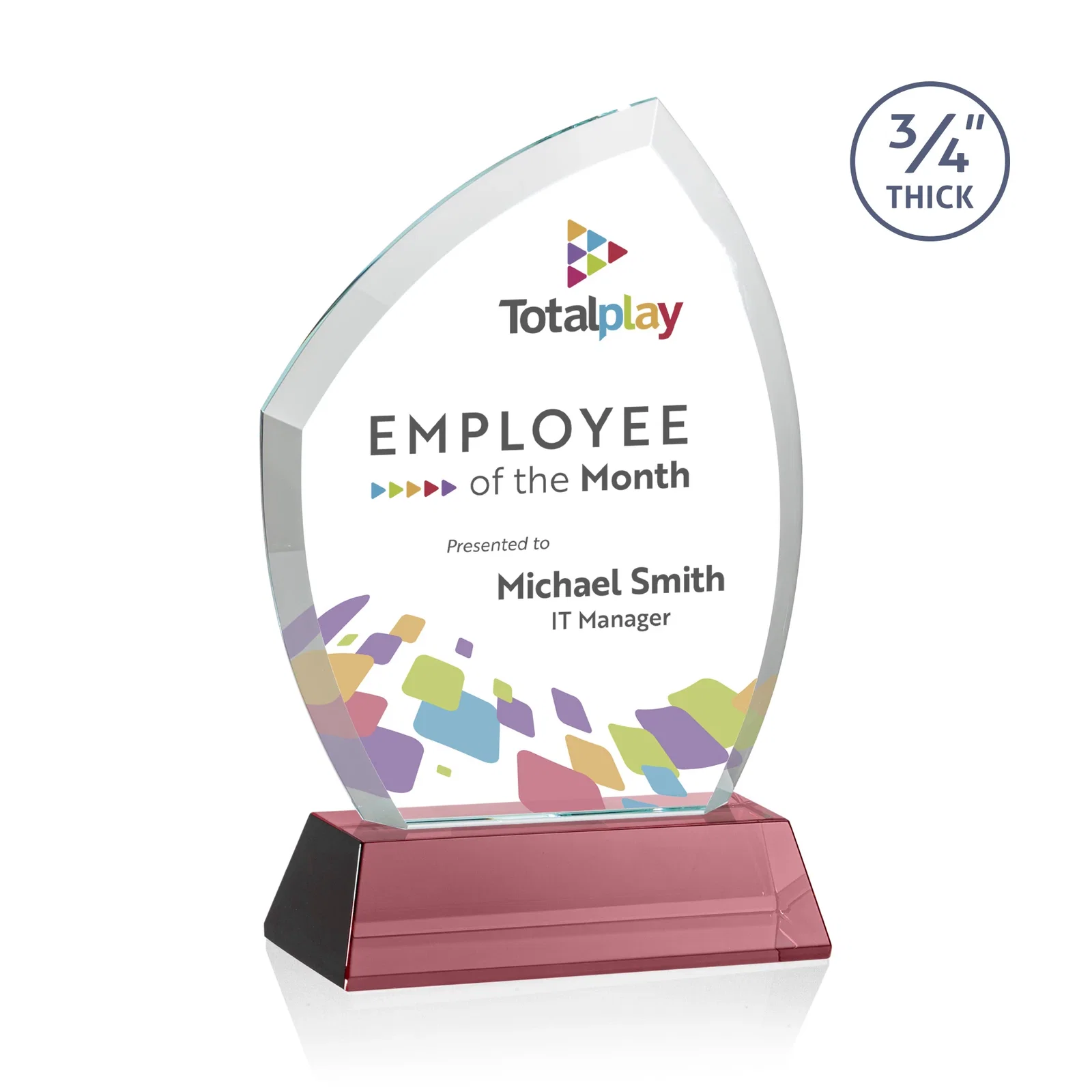 Custom printed Starfire Crystal Peak Award on Tall Tapered Base, awards for team milestone celebrations