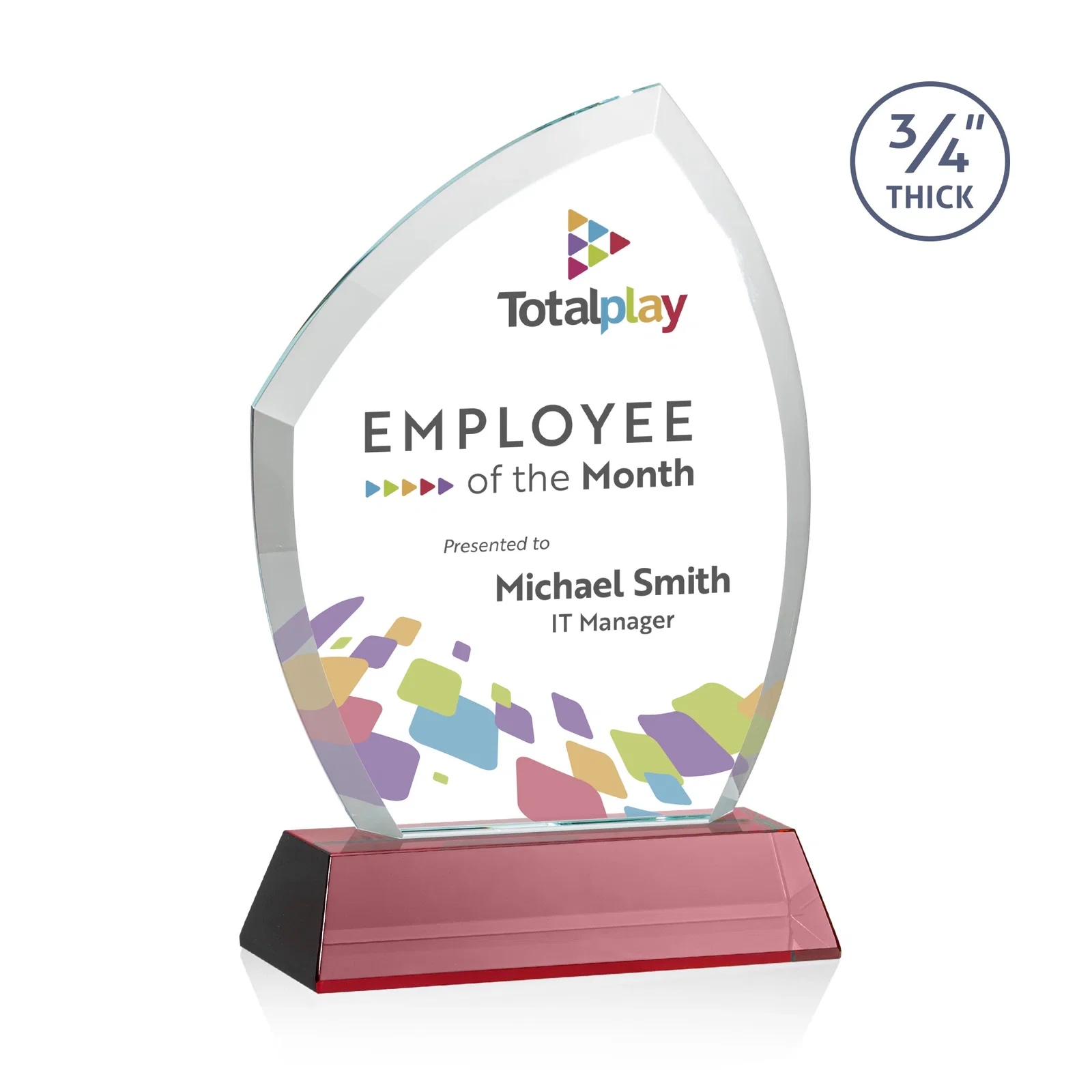 Custom printed Starfire Crystal Peak Award on Tall Tapered Base, awards for donor appreciation