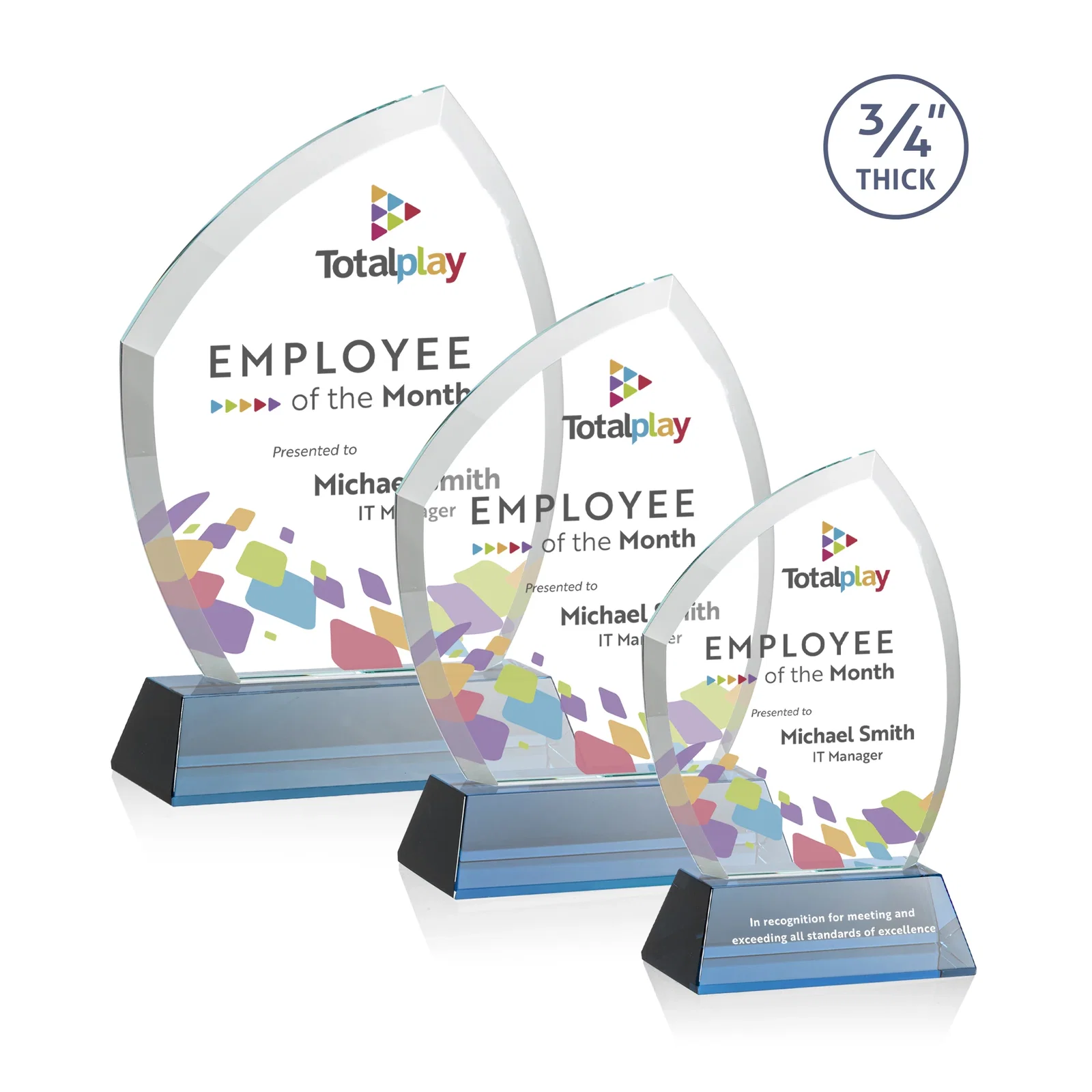Custom printed Starfire Crystal Peak Award on Tall Tapered Base, awards for graduation ceremonies