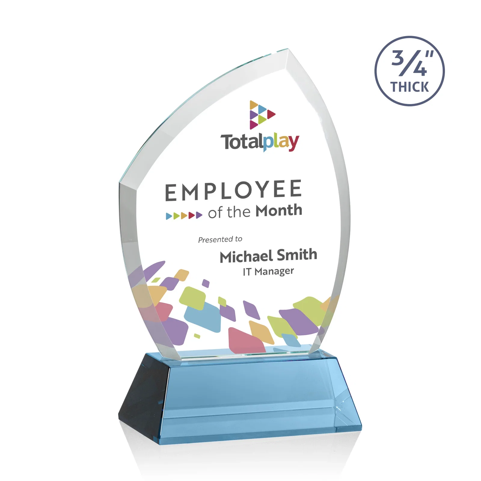 Custom printed Starfire Crystal Peak Award on Tall Tapered Base, awards for safety achievement programs