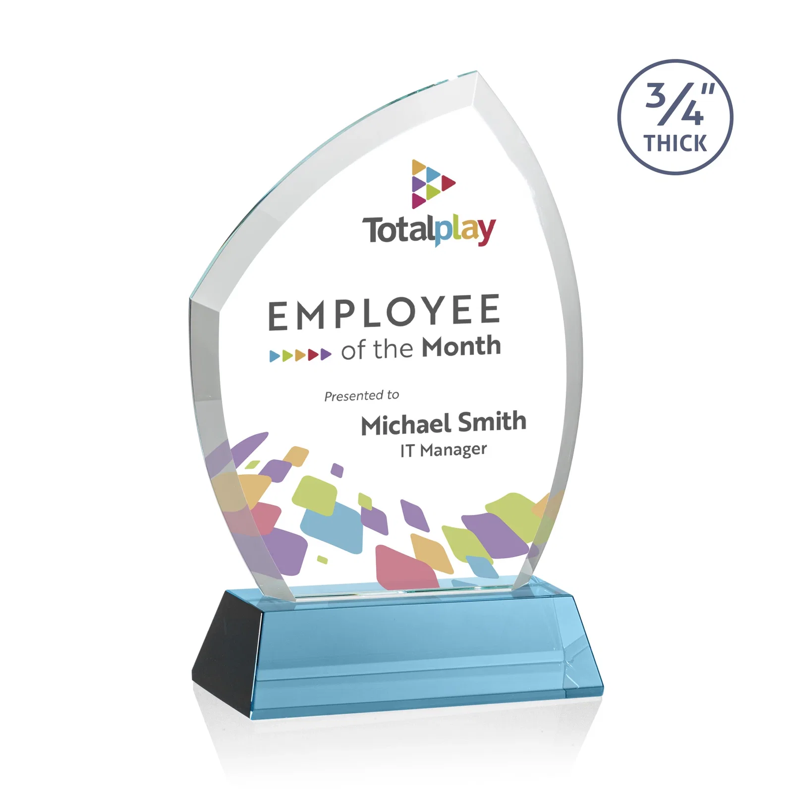 Custom printed Starfire Crystal Peak Award on Tall Tapered Base, awards for volunteer appreciation