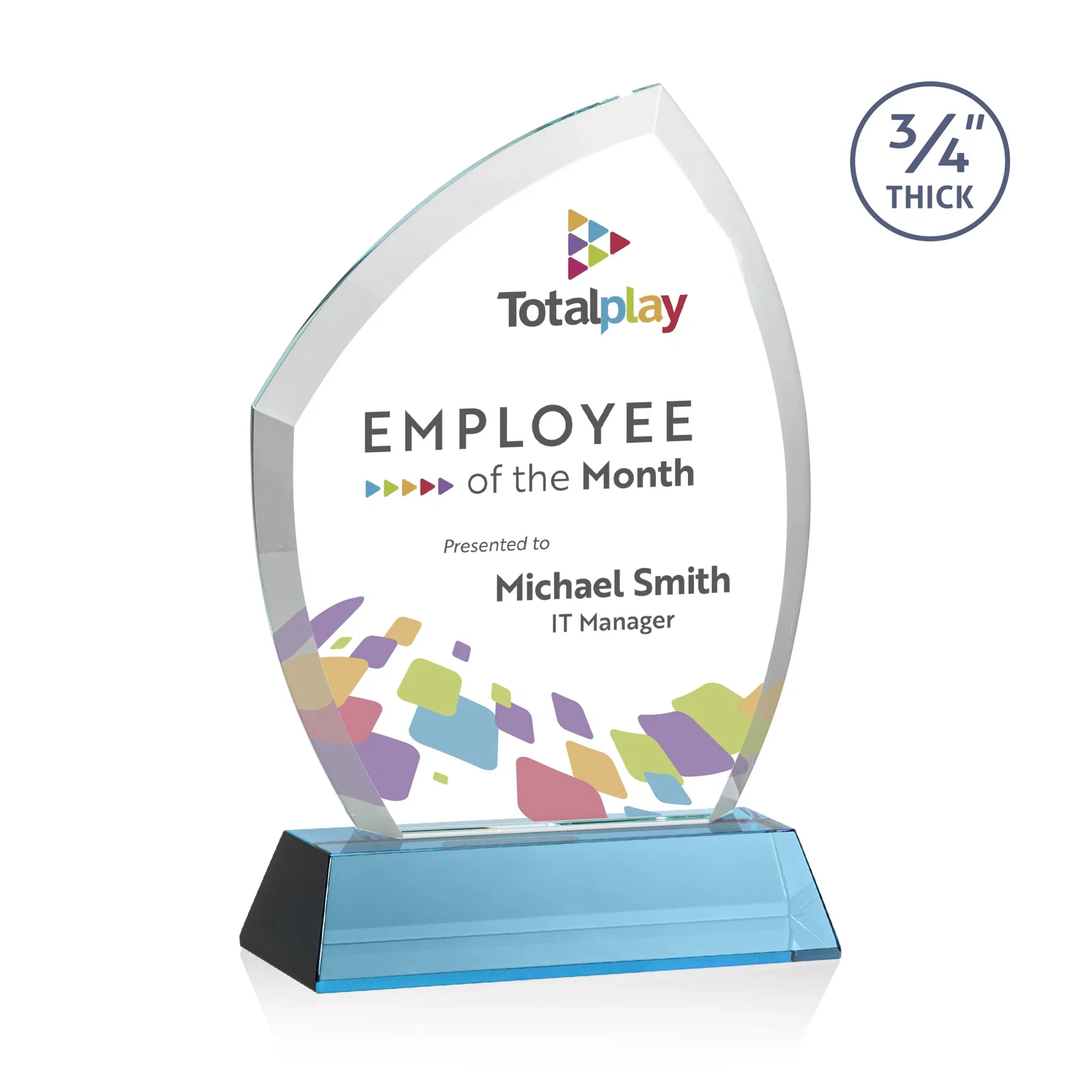 Custom printed Starfire Crystal Peak Award on Tall Tapered Base, awards for dealer and partner awards