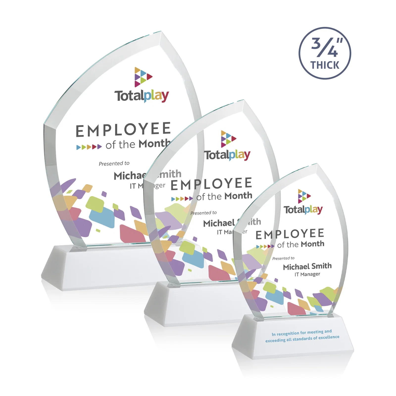 Custom printed Starfire Crystal Peak Award on Tall Tapered Base, awards for company anniversary events