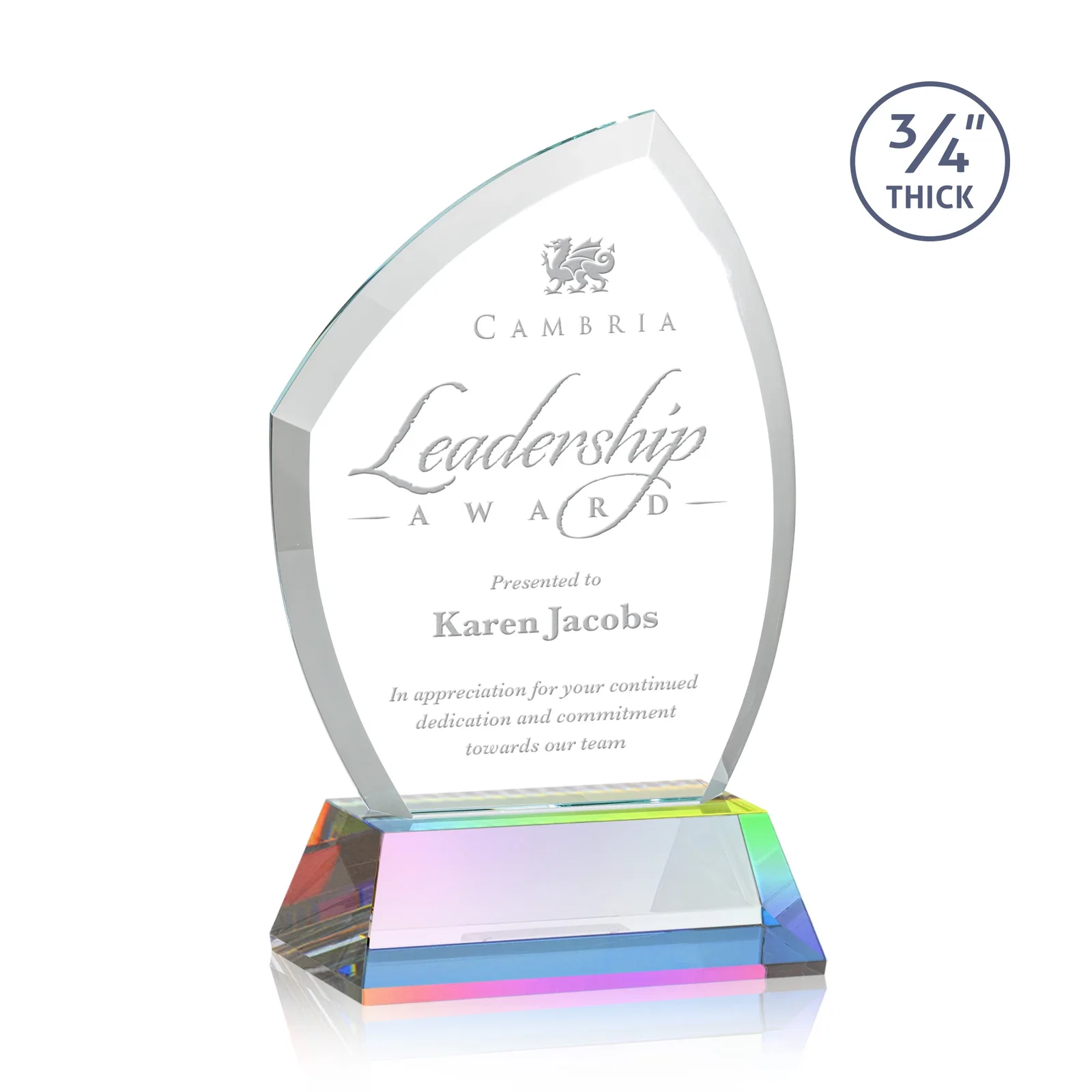 Customized Starfire Crystal Peak Award on Tall Tapered Base, awards for retirement presentations