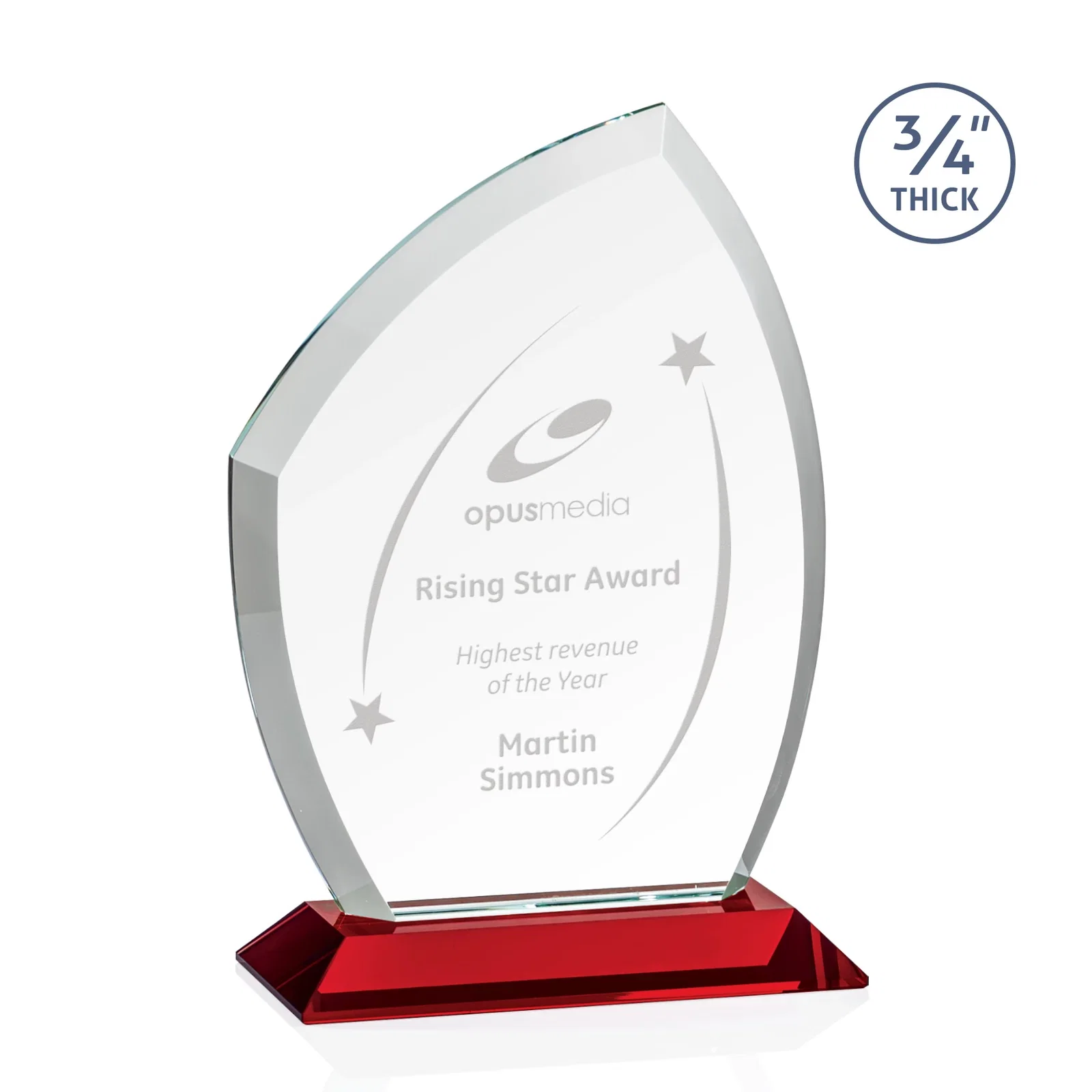 Personalized Starfire Crystal Peak Award on Eight-Color Mitered Base for dealer and partner awards