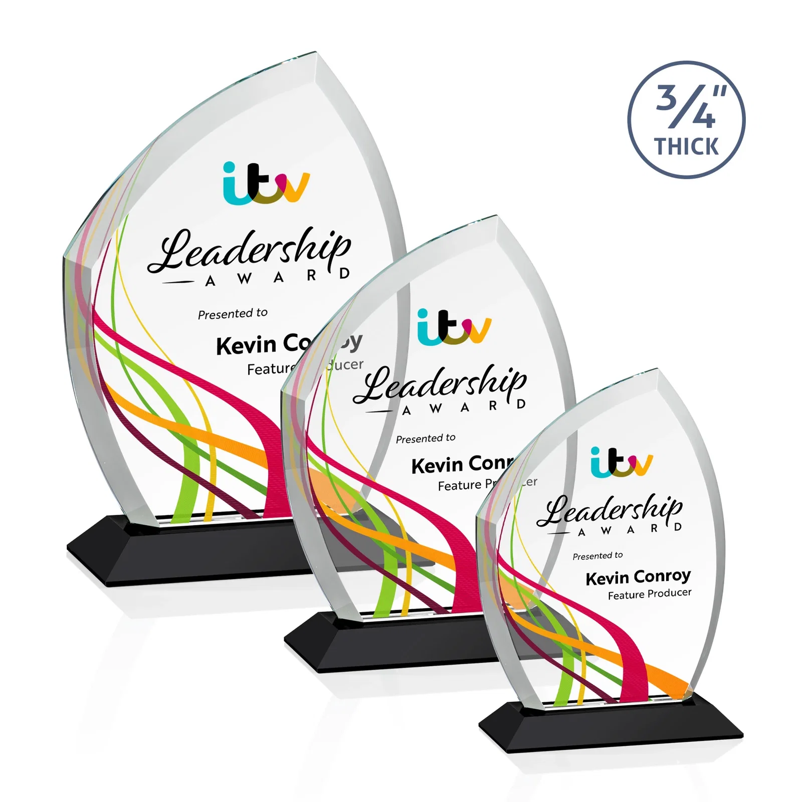 Custom printed Starfire Crystal Peak Award on Eight-Color Mitered Base for employee recognition