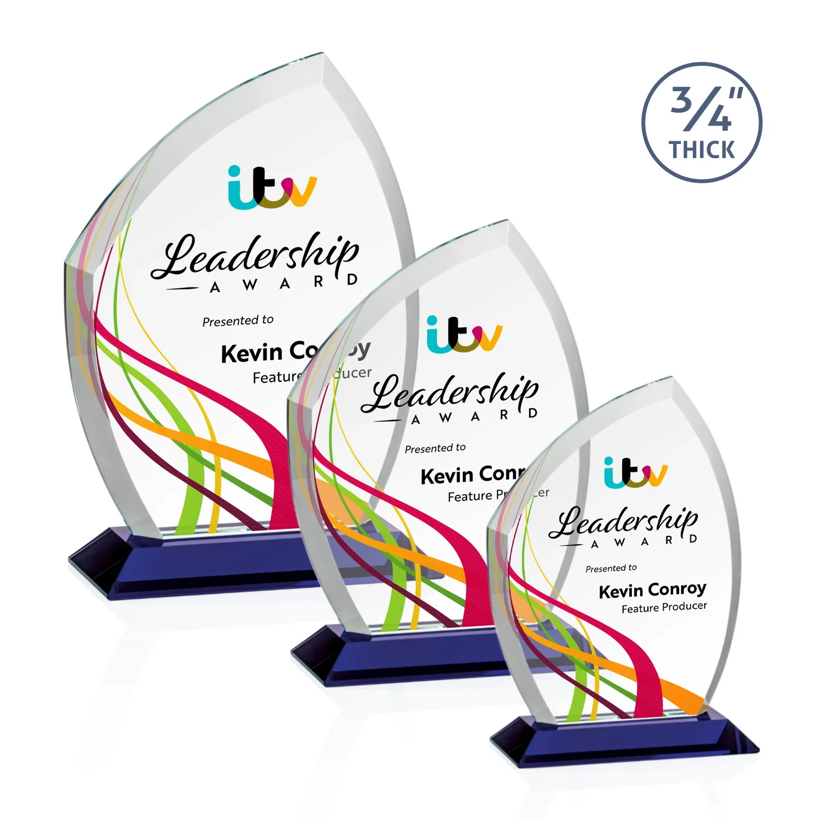 Custom printed Starfire Crystal Peak Award on Eight-Color Mitered Base for retirement presentations