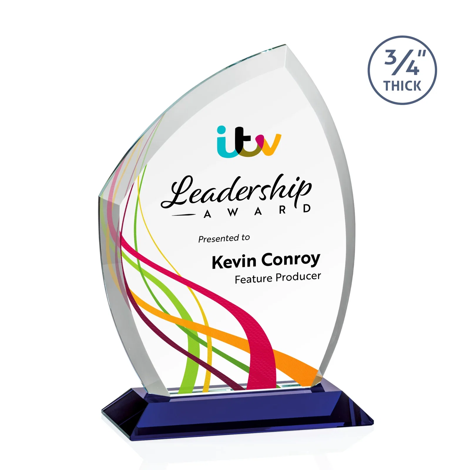 Custom printed Starfire Crystal Peak Award on Eight-Color Mitered Base for donor appreciation