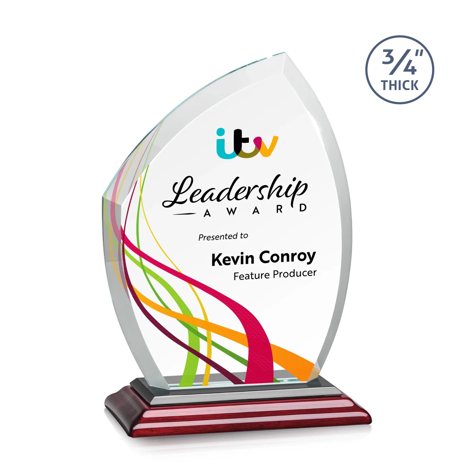 Custom printed Starfire Crystal Peak Award on Eight-Color Mitered Base for volunteer appreciation
