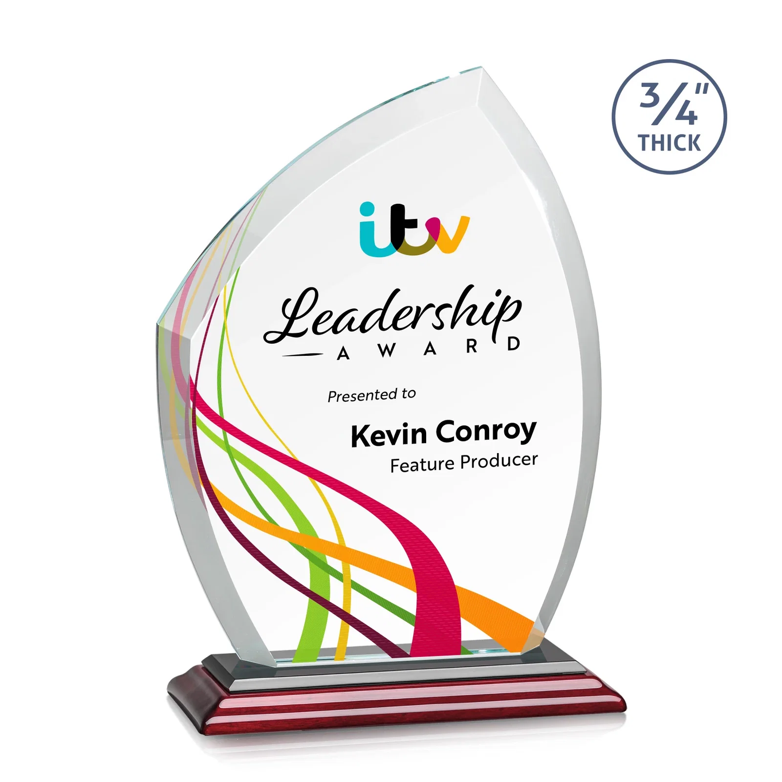 Custom printed Starfire Crystal Peak Award on Eight-Color Mitered Base for company anniversary events