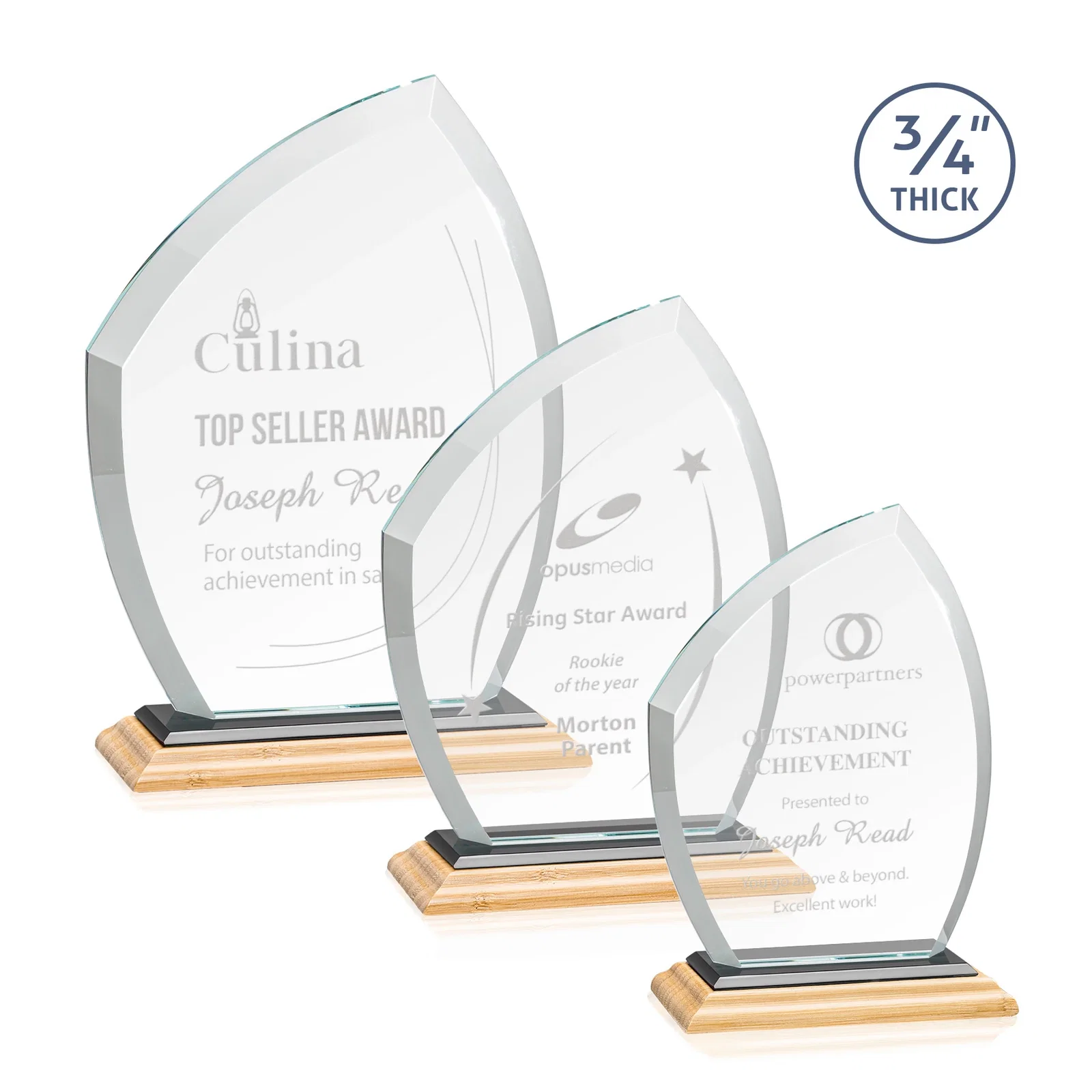 Custom engraved Starfire Crystal Peak Award on Eight-Color Mitered Base for employee recognition
