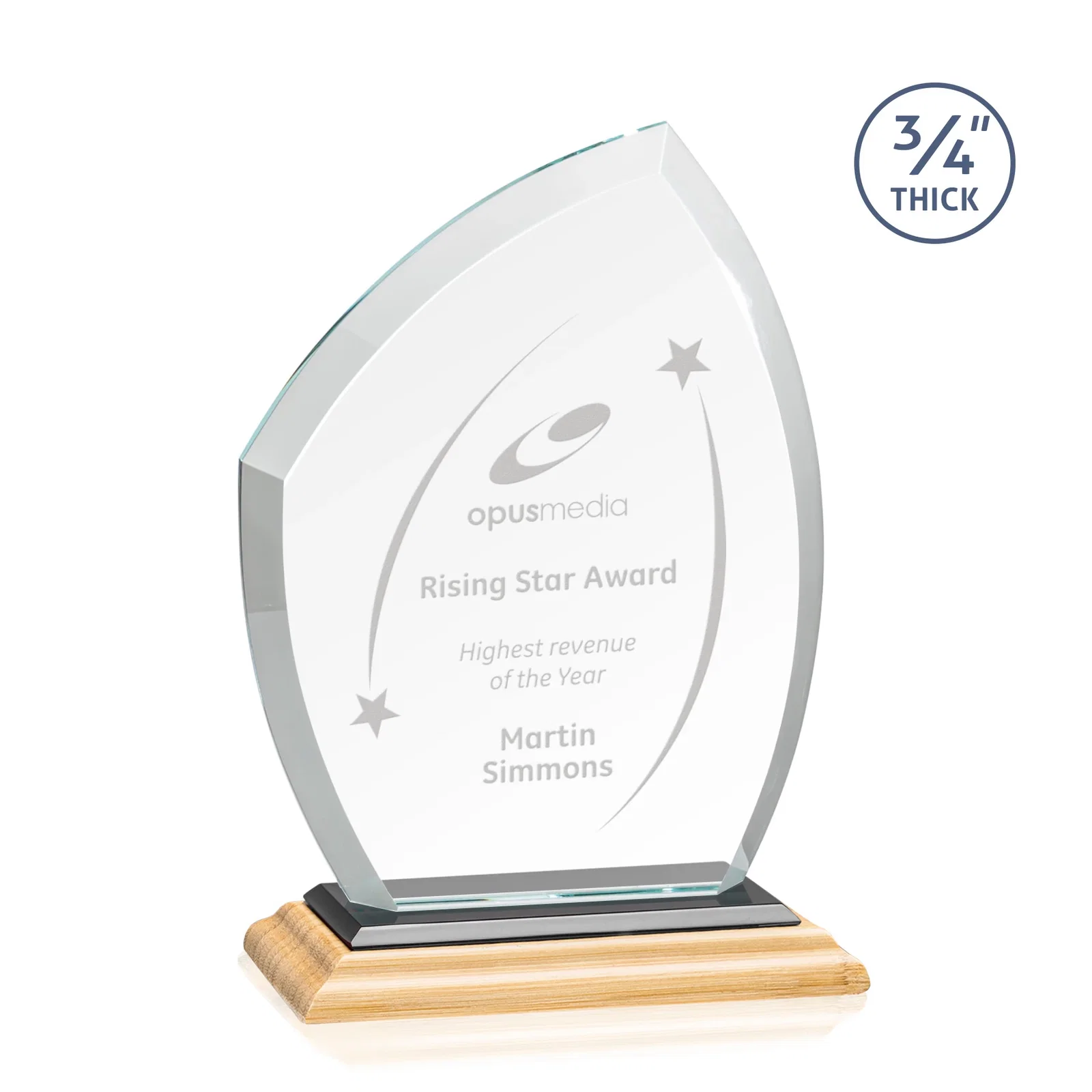 Custom engraved Starfire Crystal Peak Award on Eight-Color Mitered Base for corporate award ceremonies
