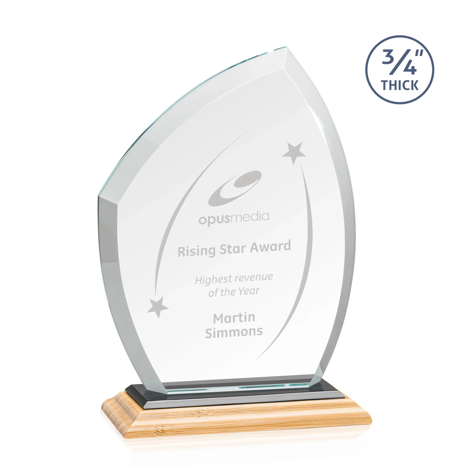 Custom engraved Starfire Crystal Peak Award on Eight-Color Mitered Base for service anniversary gifts