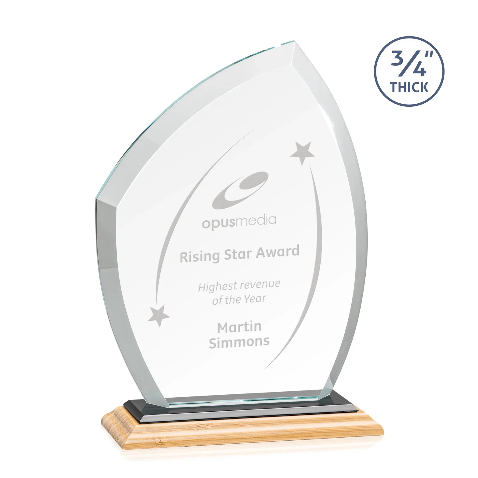 Custom engraved Starfire Crystal Peak Award on Eight-Color Mitered Base for sales achievement awards
