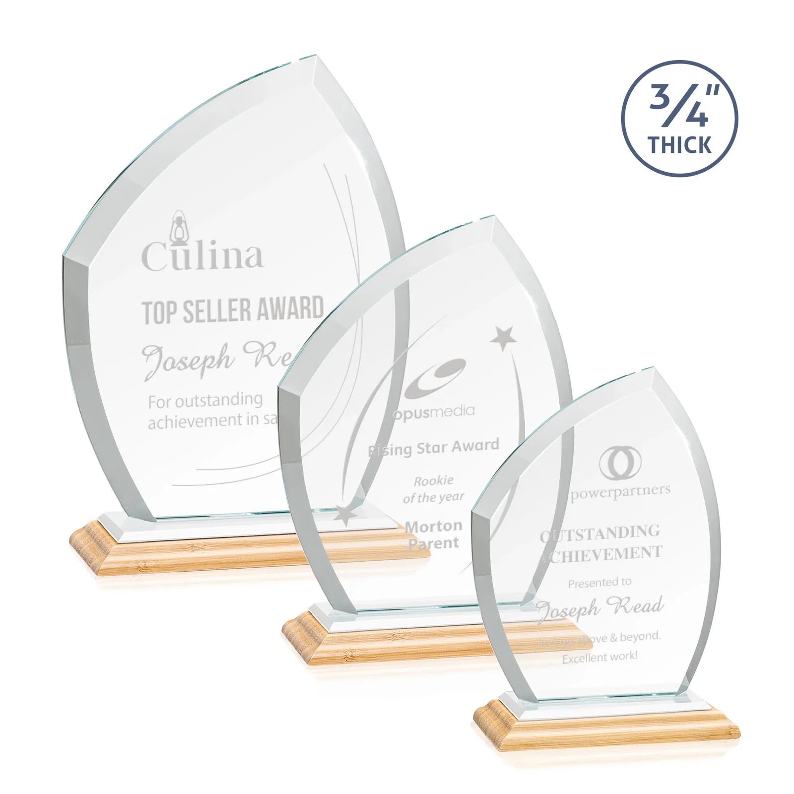 Custom engraved Starfire Crystal Peak Award on Eight-Color Mitered Base for retirement presentations