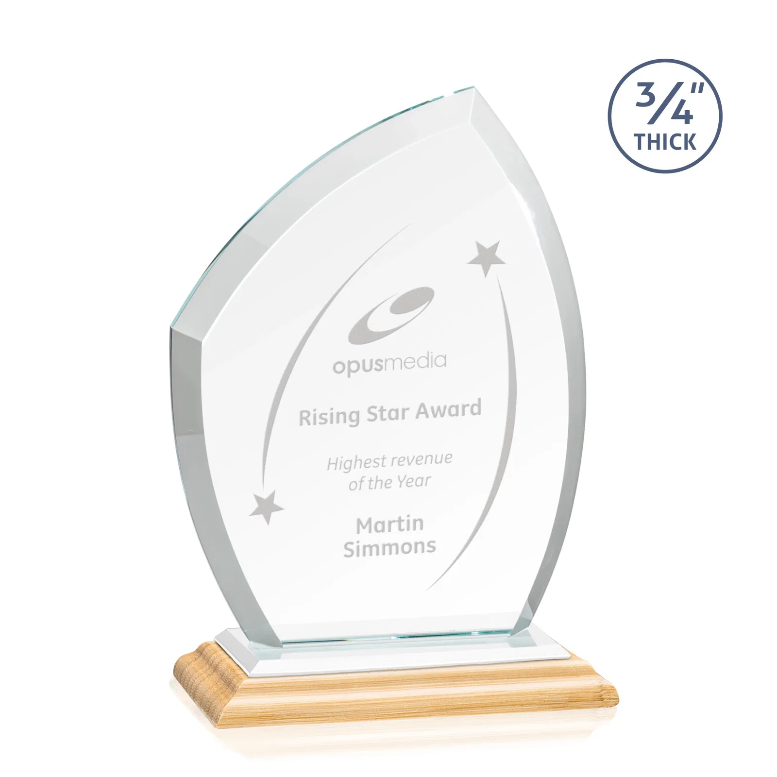 Custom engraved Starfire Crystal Peak Award on Eight-Color Mitered Base for team milestone celebrations