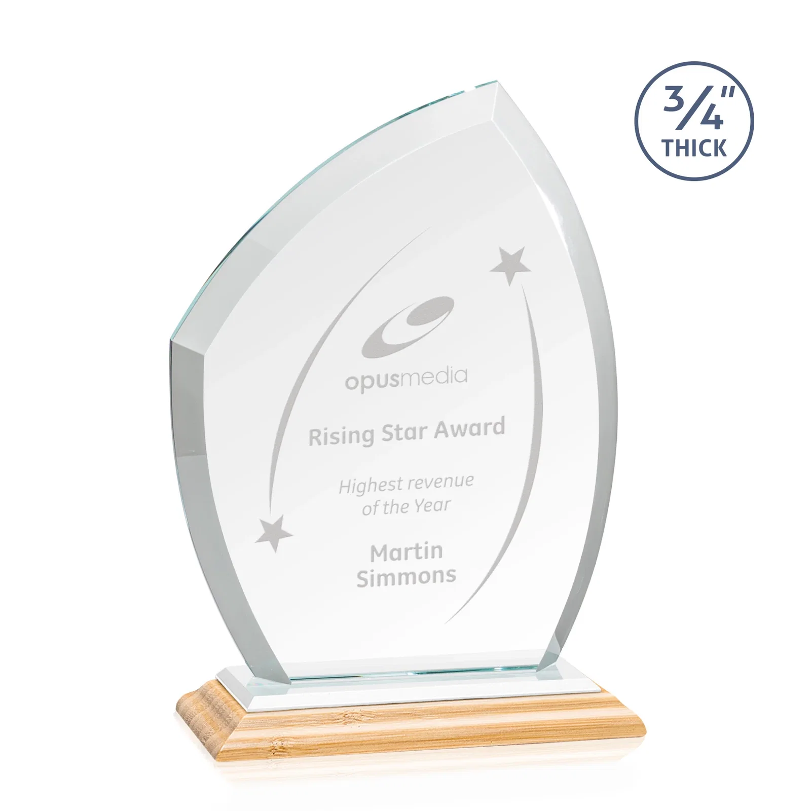 Custom engraved Starfire Crystal Peak Award on Eight-Color Mitered Base for donor appreciation