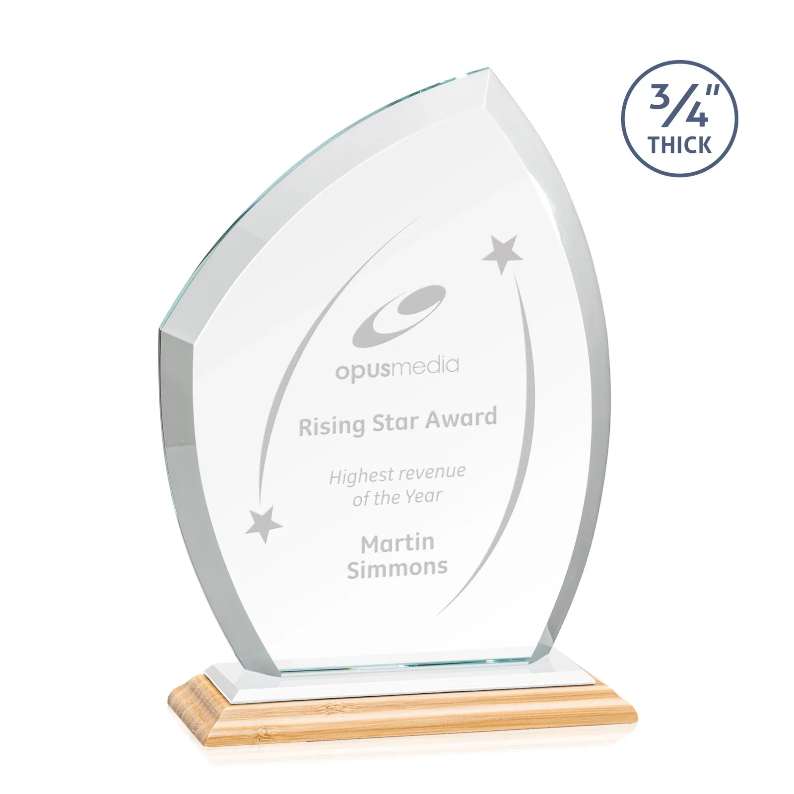Custom engraved Starfire Crystal Peak Award on Eight-Color Mitered Base for graduation ceremonies