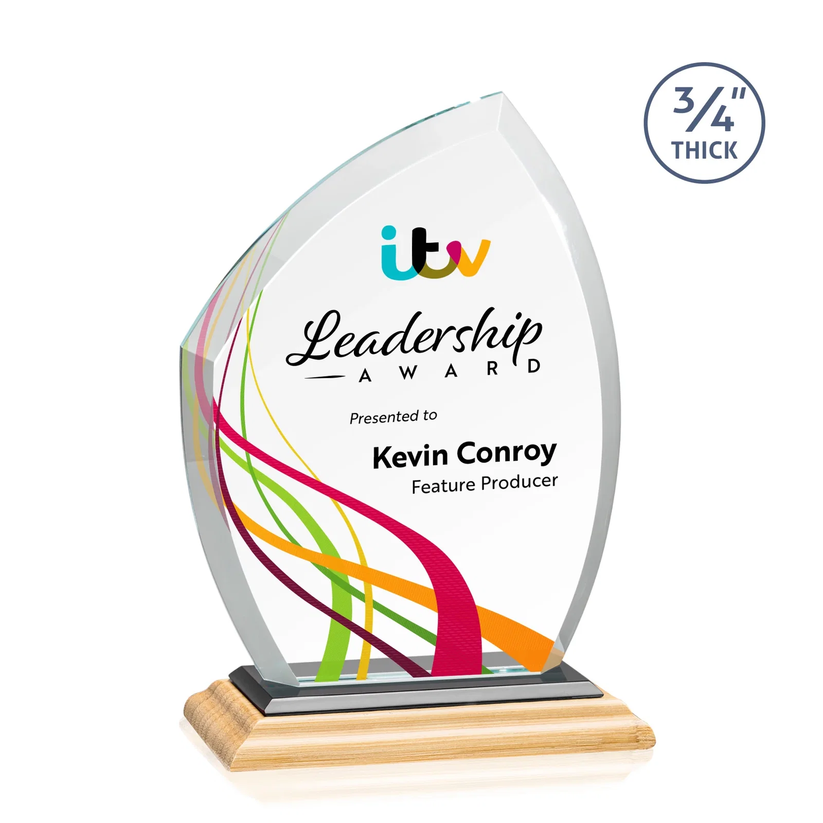 Custom engraved Starfire Crystal Peak Award on Eight-Color Mitered Base for volunteer appreciation