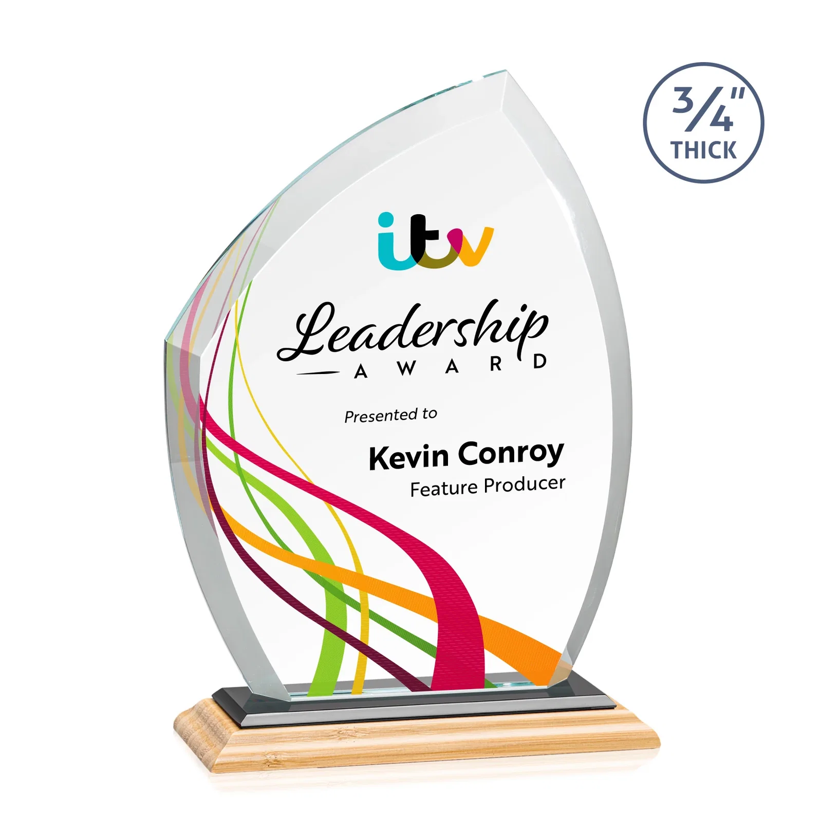 Custom engraved Starfire Crystal Peak Award on Eight-Color Mitered Base for company anniversary events