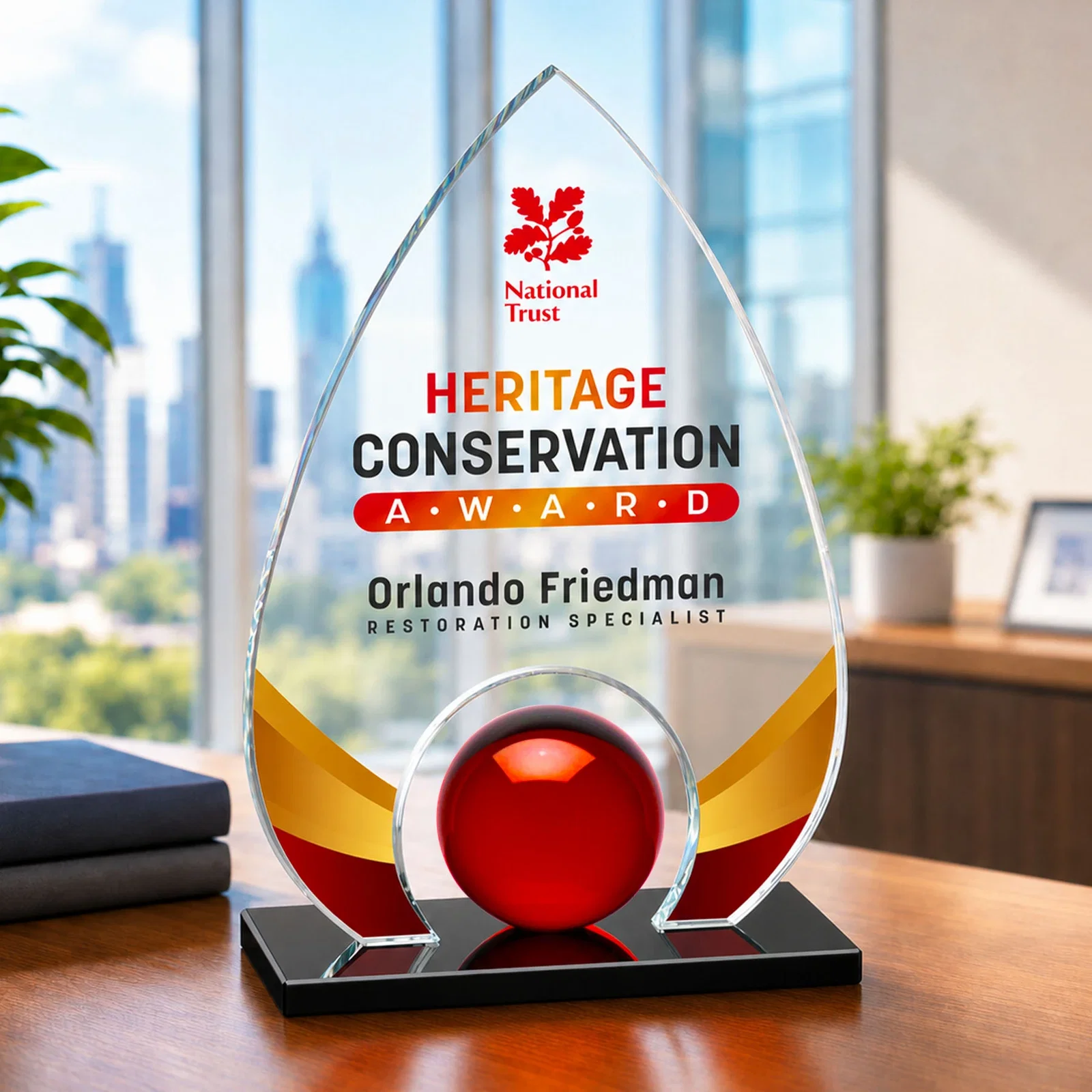 Personalized Crystal Orb Teardrop Award Surrounded by Solid Starfire Crystal for corporate award ceremonies