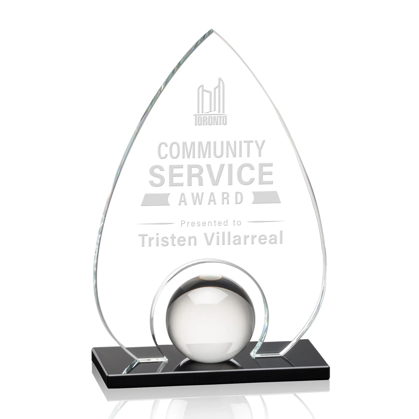 Custom Crystal Orb Teardrop Award Surrounded by Solid Starfire Crystal for corporate award ceremonies