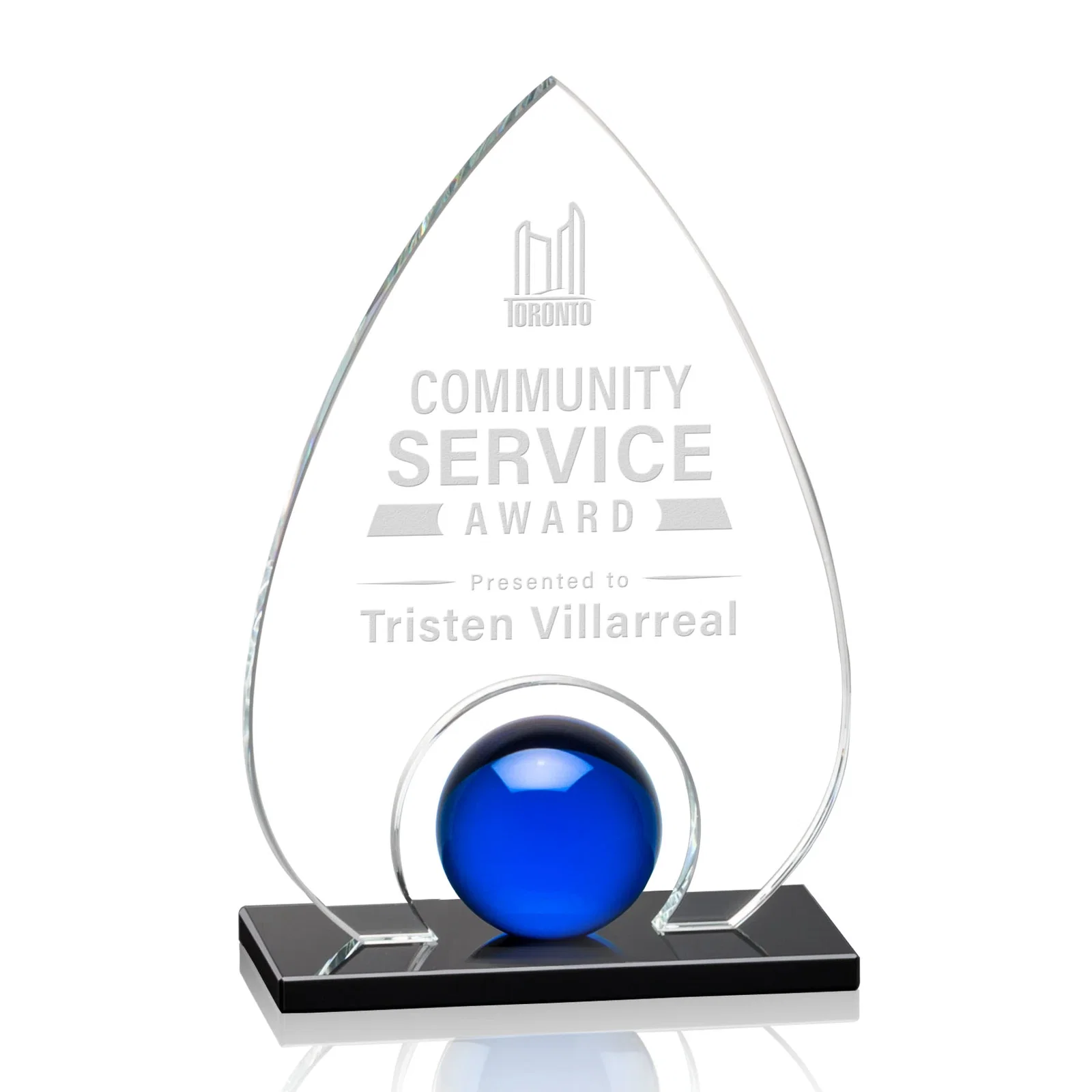 Custom Crystal Orb Teardrop Award Surrounded by Solid Starfire Crystal for service anniversary gifts