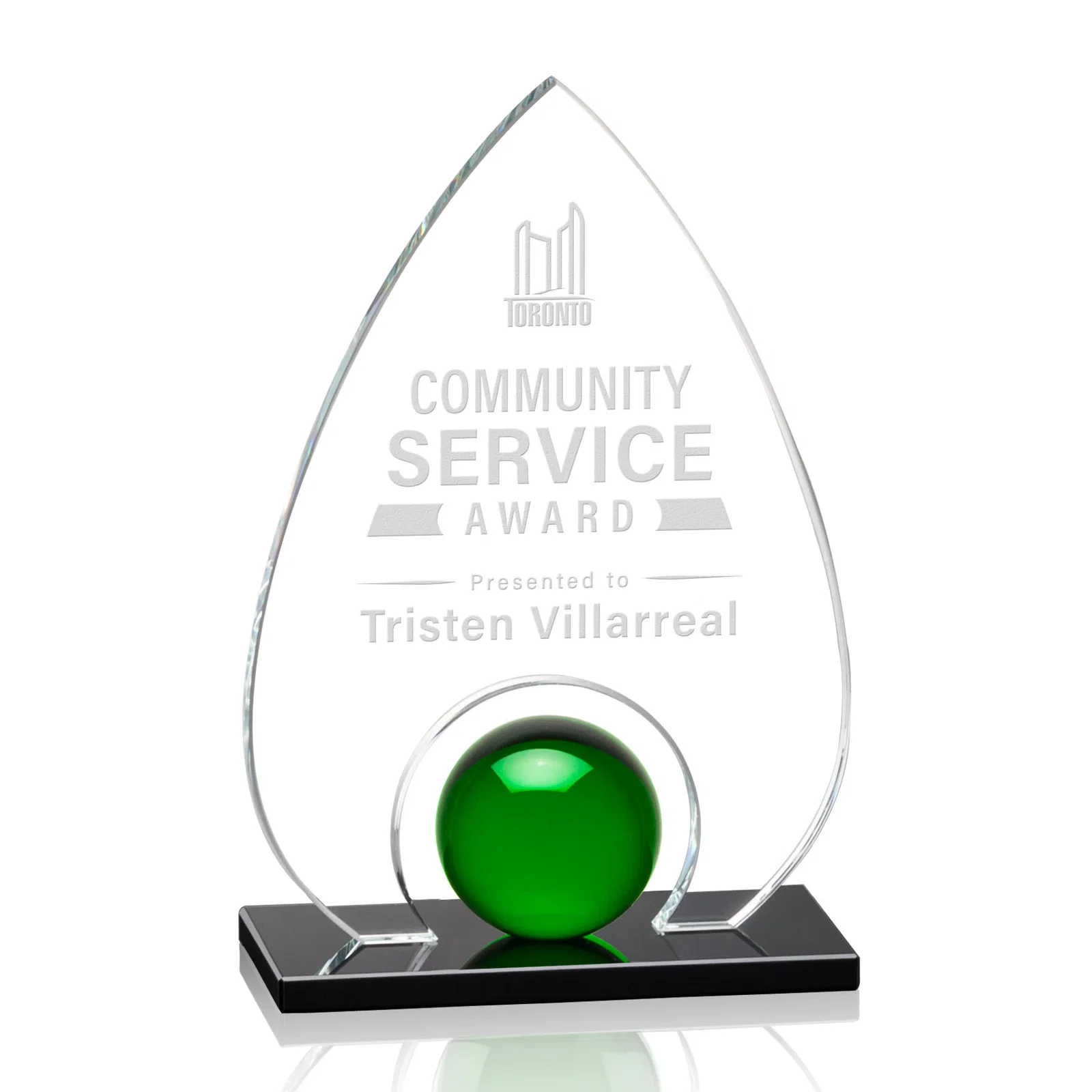 Custom Crystal Orb Teardrop Award Surrounded by Solid Starfire Crystal for retirement presentations