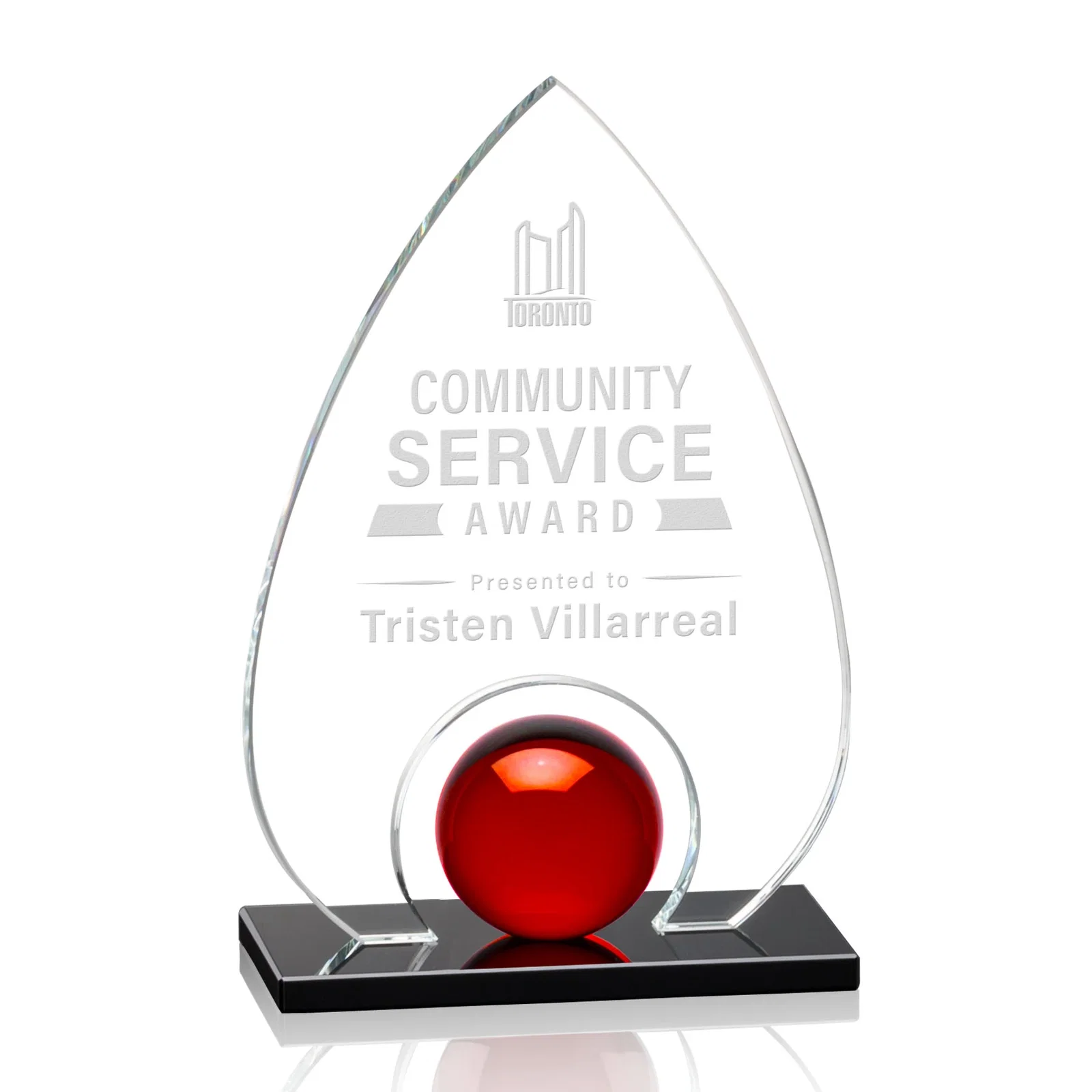 Custom Crystal Orb Teardrop Award Surrounded by Solid Starfire Crystal for team milestone celebrations