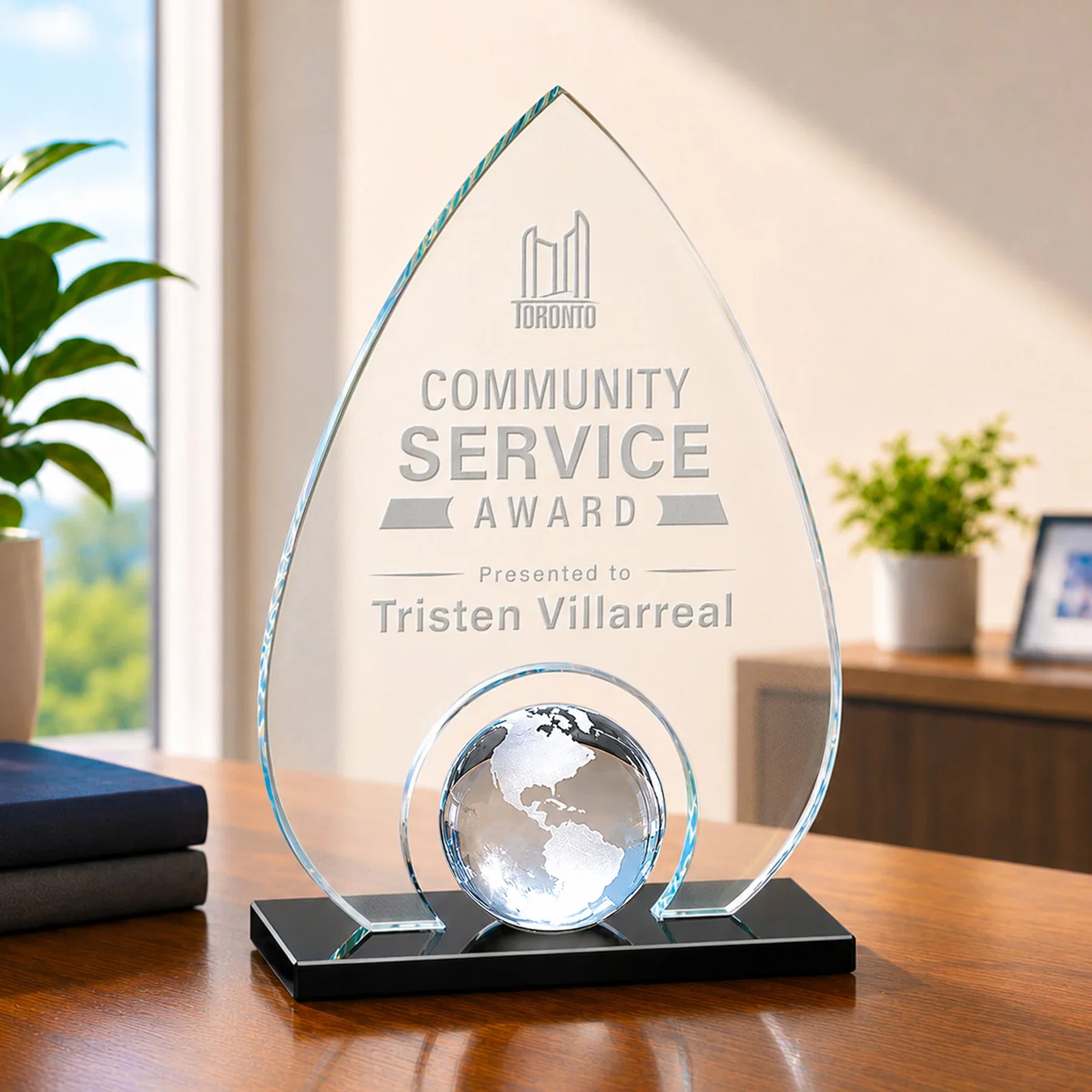Custom Crystal Orb Teardrop Award Surrounded by Solid Starfire Crystal for donor appreciation