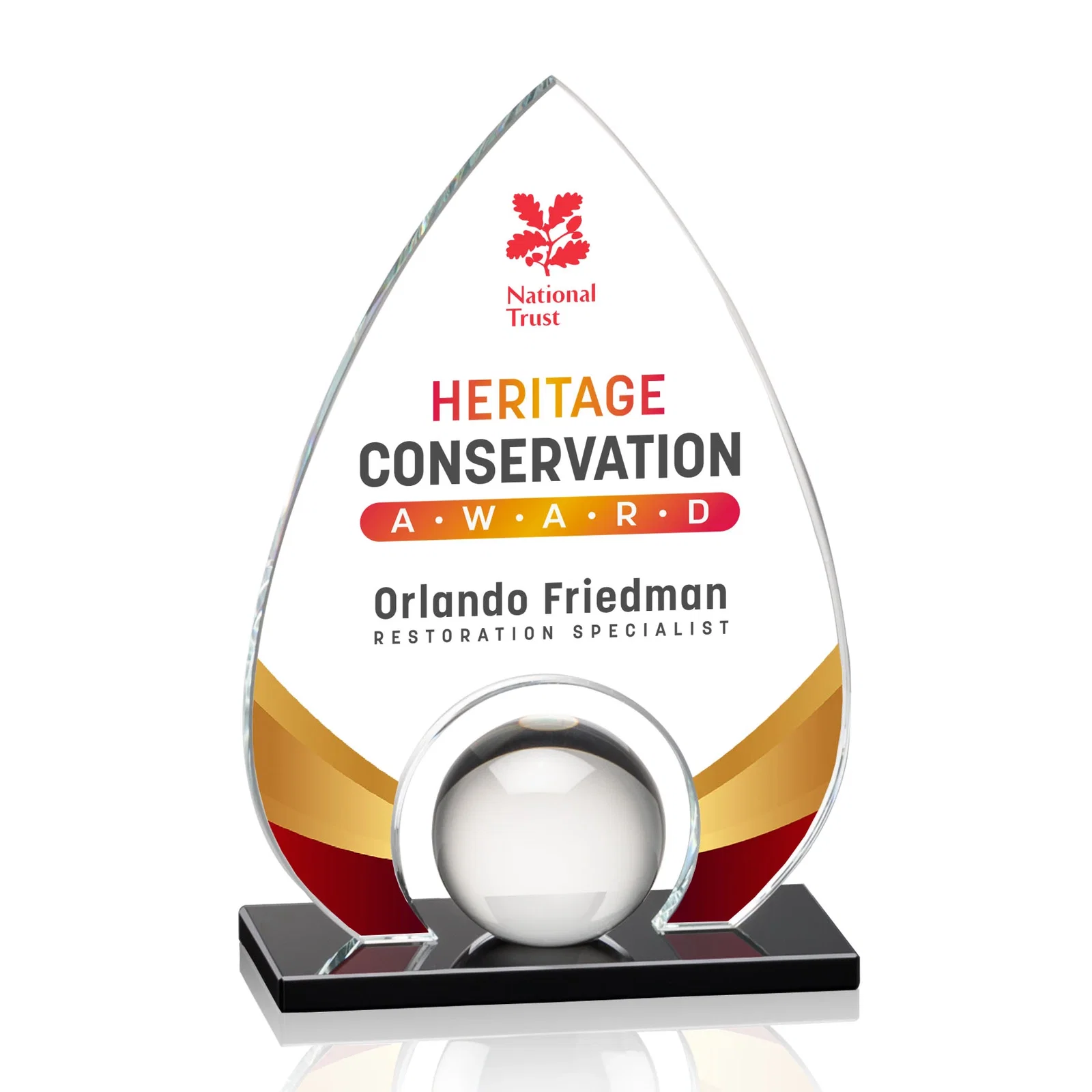 Custom Crystal Orb Teardrop Award Surrounded by Solid Starfire Crystal for safety achievement programs