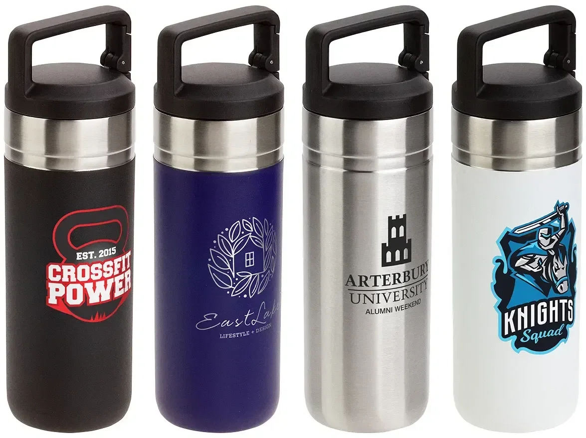 Dante wide-mouth 20 oz insulated bottle, custom branded promotional stainless steel water bottle, front view