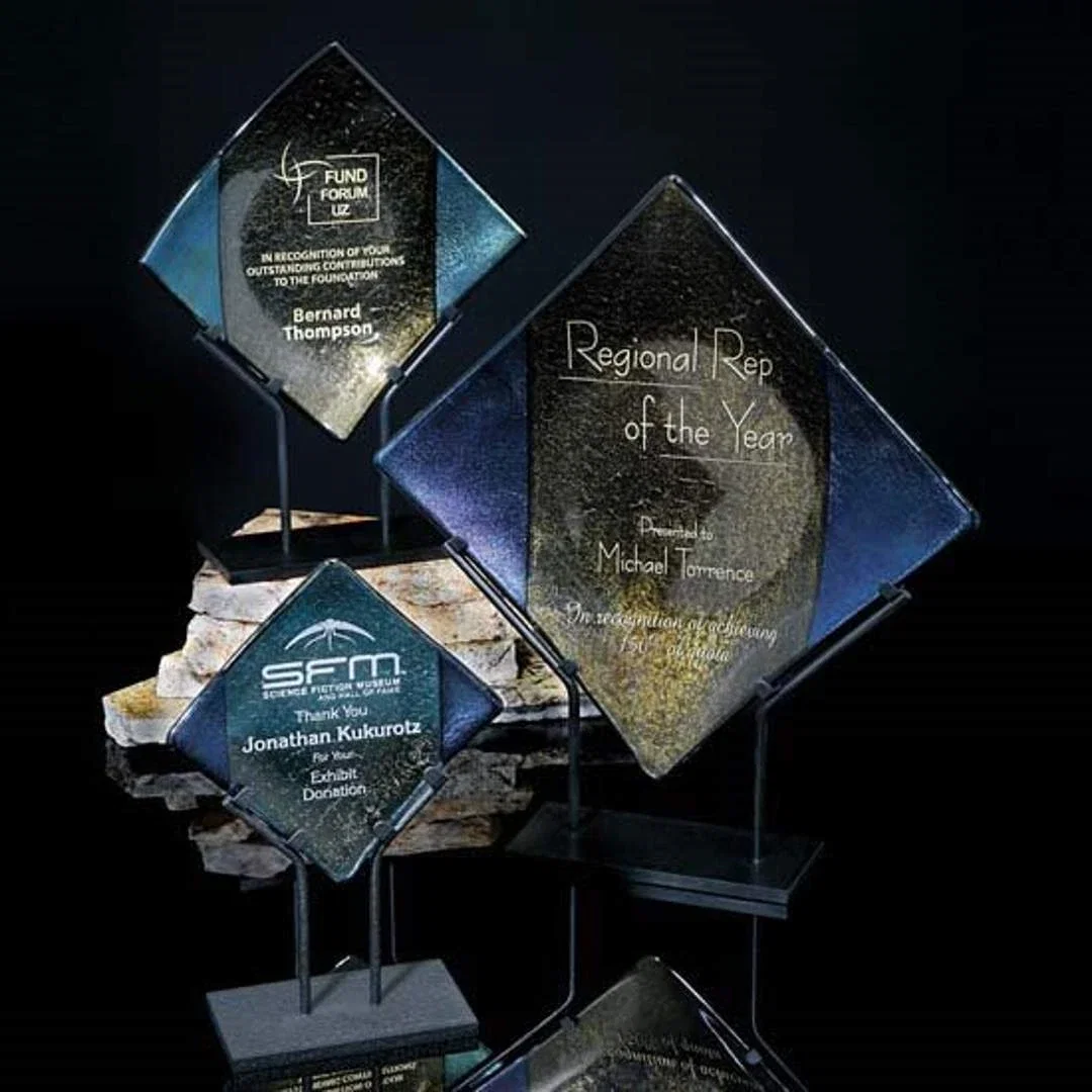 Custom Glass Diamond Award, Artist-Signed Layered Metallic Design for employee recognition