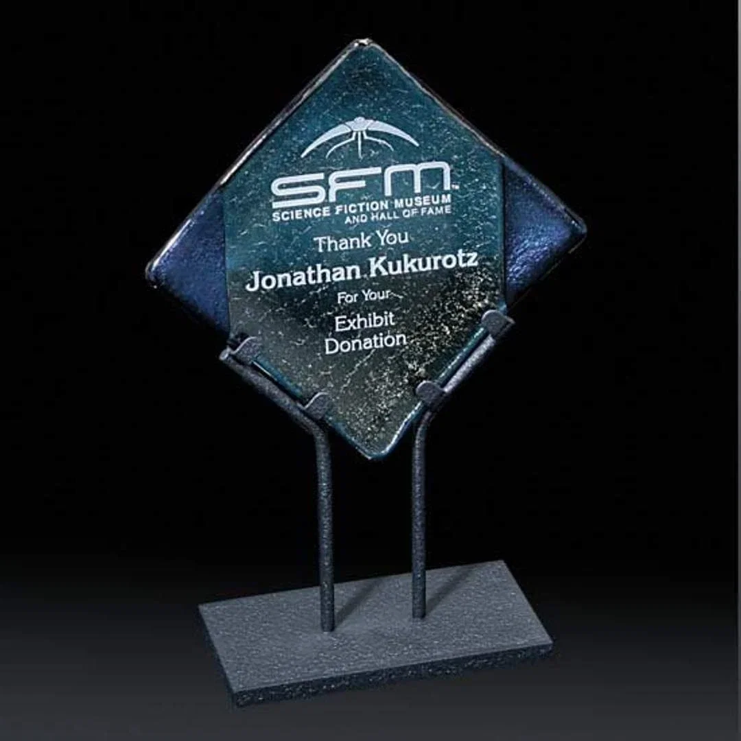 Custom Glass Diamond Award, Artist-Signed Layered Metallic Design for corporate award ceremonies