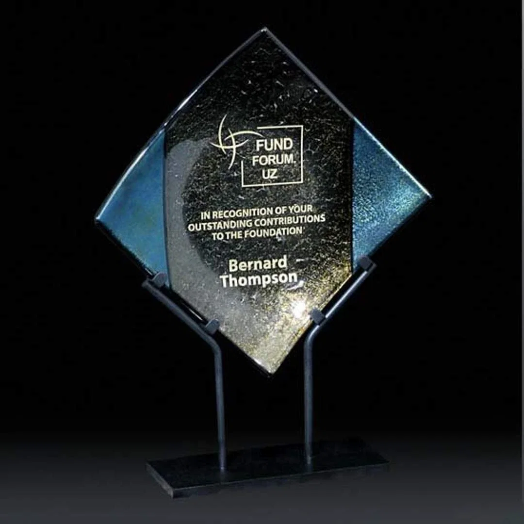Custom Glass Diamond Award, Artist-Signed Layered Metallic Design for service anniversary gifts