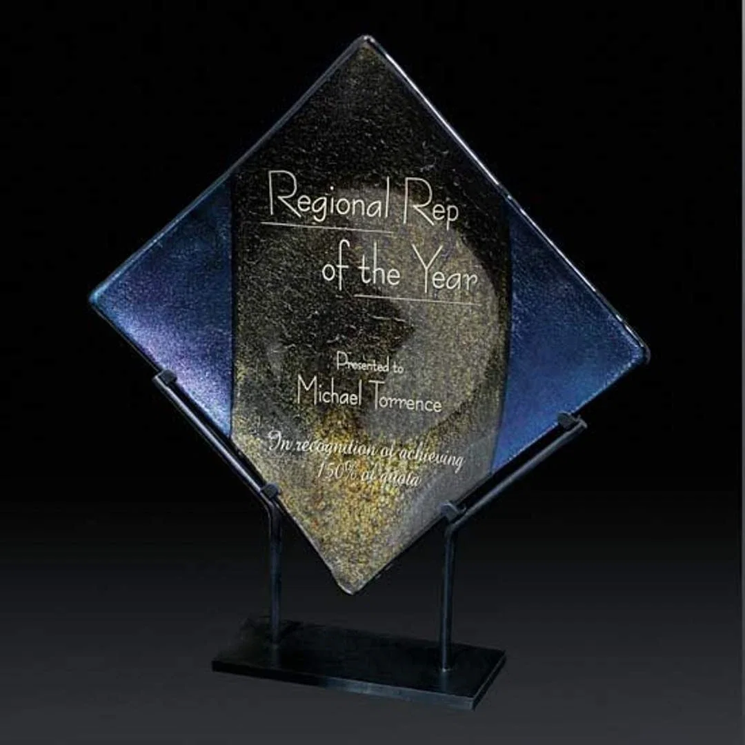 Custom Glass Diamond Award, Artist-Signed Layered Metallic Design for sales achievement awards