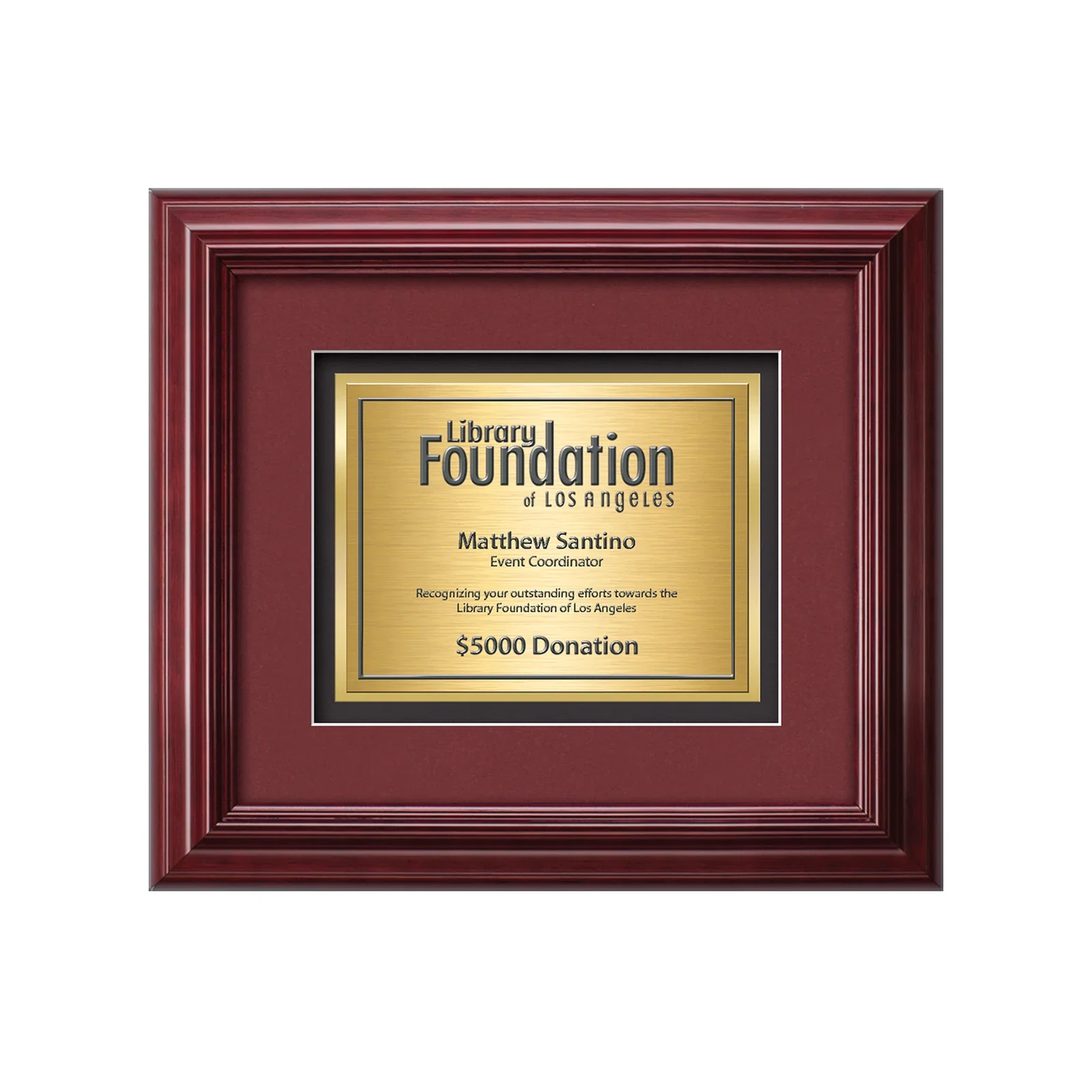 Custom TexEtch Panel Award In Mahogany Frame With Burgundy Double Matte, framed awards for corporate award ceremonies