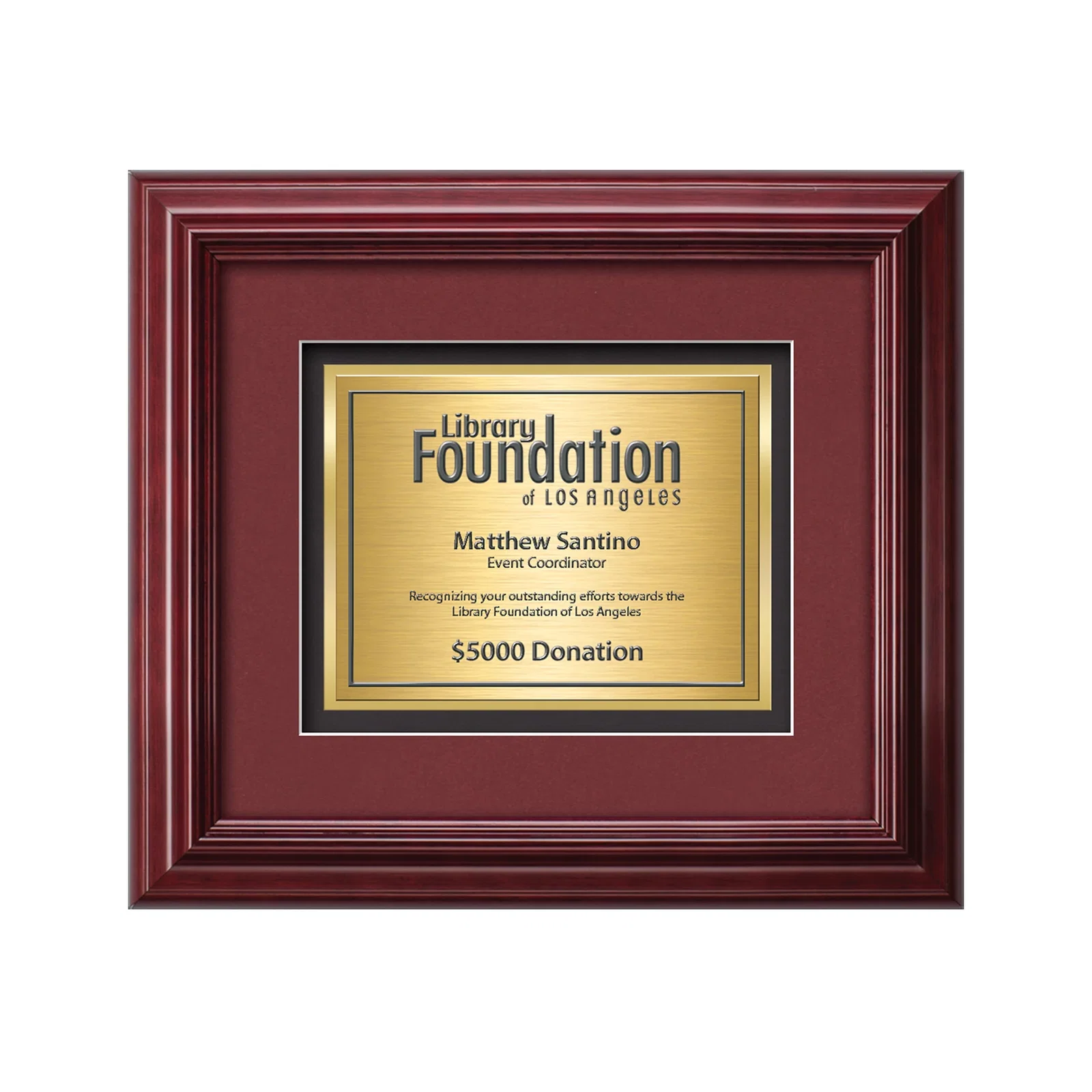 Custom TexEtch Panel Award In Mahogany Frame With Burgundy Double Matte, framed awards for service anniversary gifts