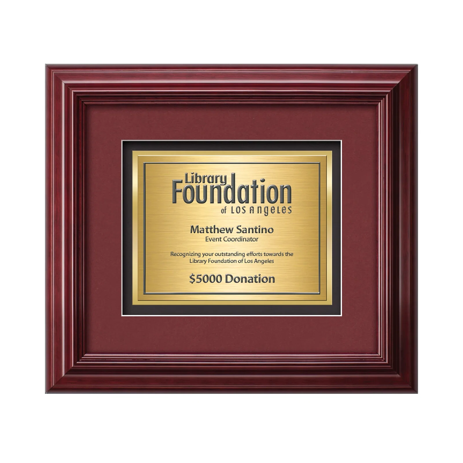Custom TexEtch Panel Award In Mahogany Frame With Burgundy Double Matte, framed awards for sales achievement awards