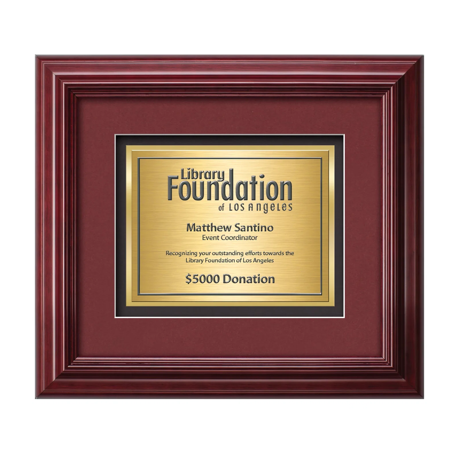 Custom TexEtch Panel Award In Mahogany Frame With Burgundy Double Matte, framed awards for retirement presentations