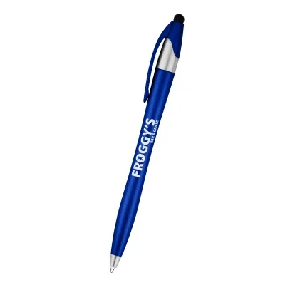 Slim stylus pen with a metallic barrel, five and a half inches