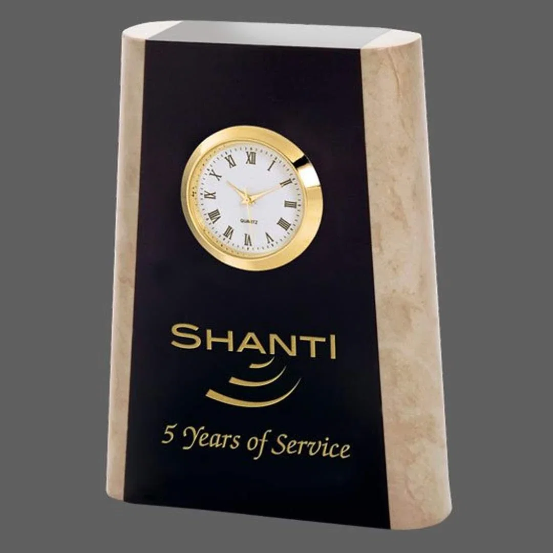 Custom Black Marble and Botticino Desk Clock - Darwin for employee recognition