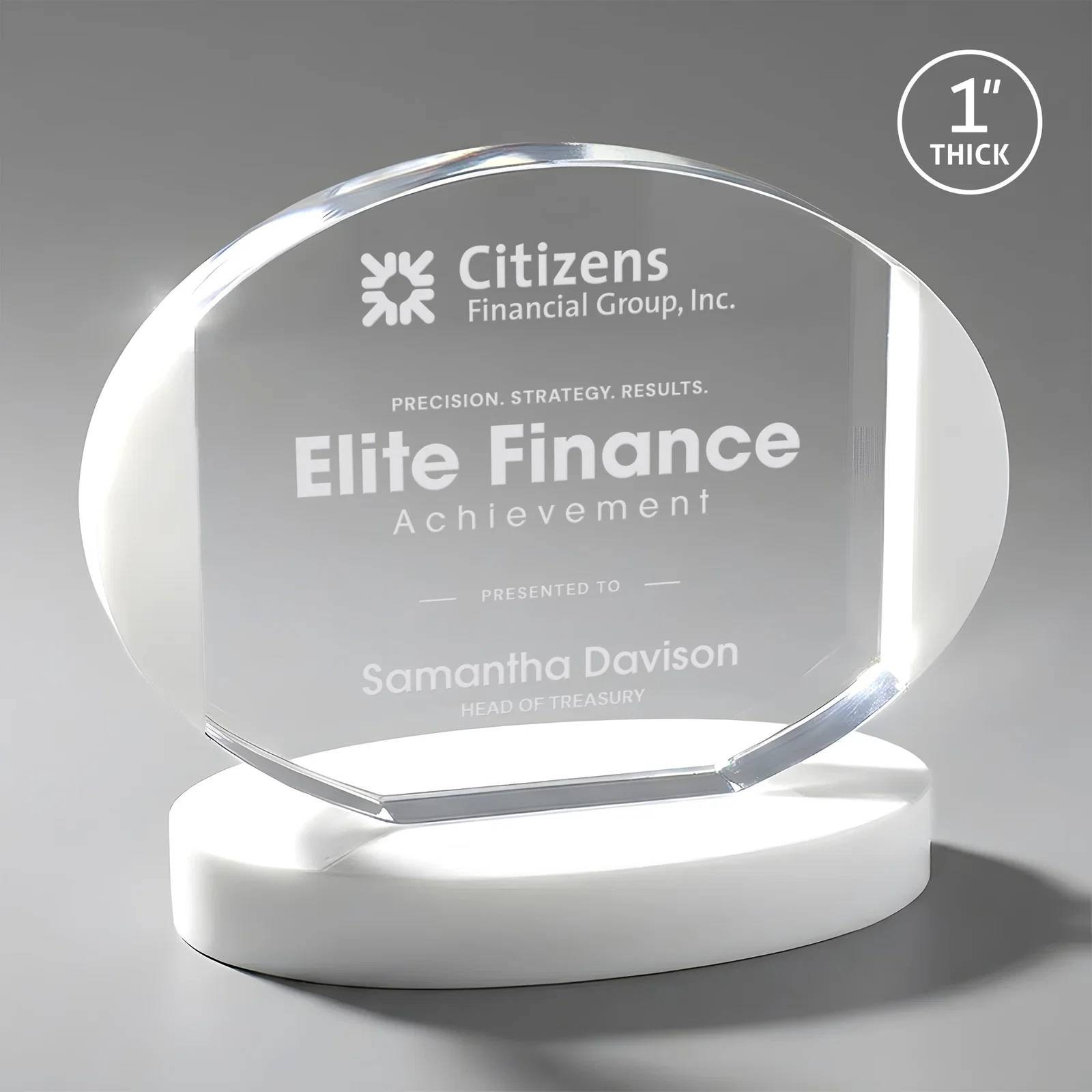 Custom Optical Crystal Oval Award with White Crystal Edging, awards for sales achievement awards
