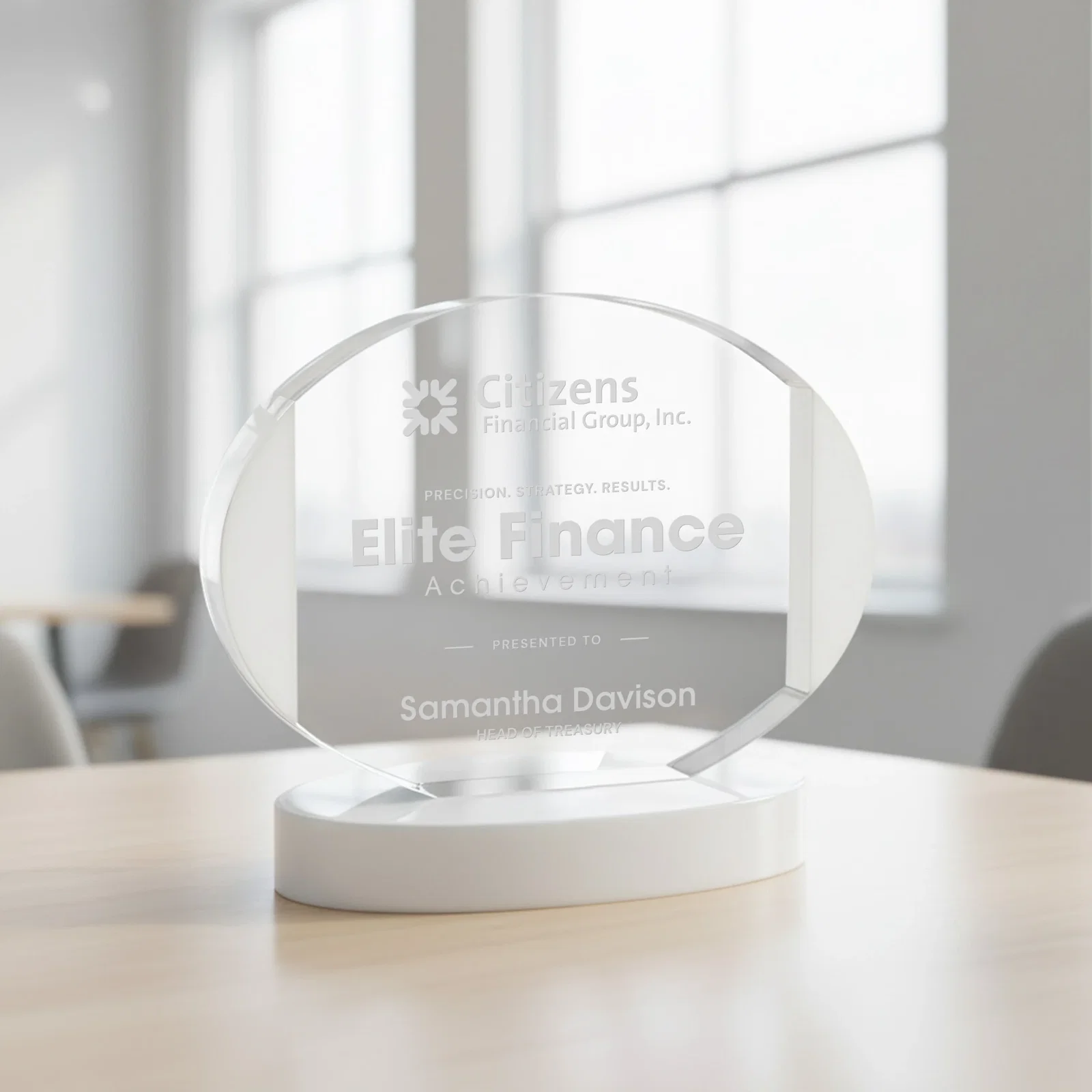 Custom Optical Crystal Oval Award with White Crystal Edging, awards for retirement presentations