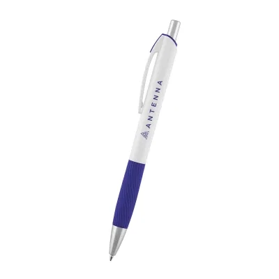White barrel pen with a colored grip and matching clip
