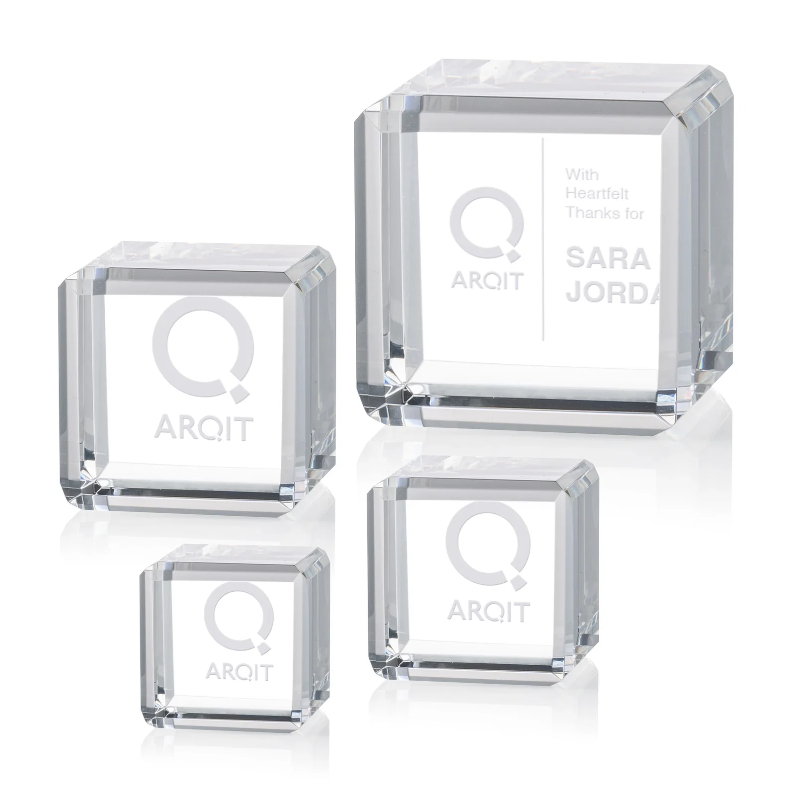 Custom Double-Beveled Crystal Cube Award, 1.5"-3.125" in 4 Sizes, client appreciation gift for employee recognition