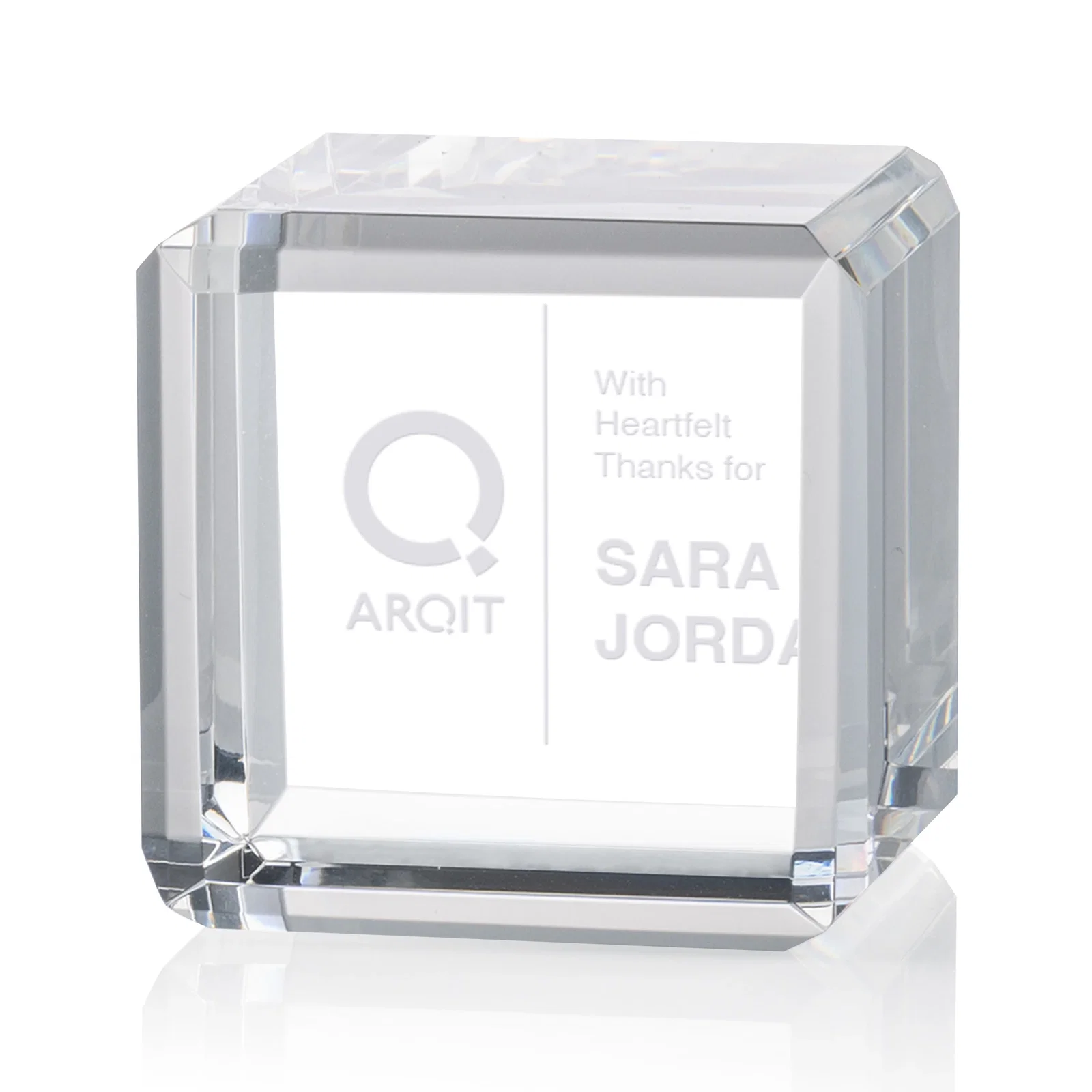 Custom Double-Beveled Crystal Cube Award, 1.5"-3.125" in 4 Sizes, client appreciation gift for retirement presentations