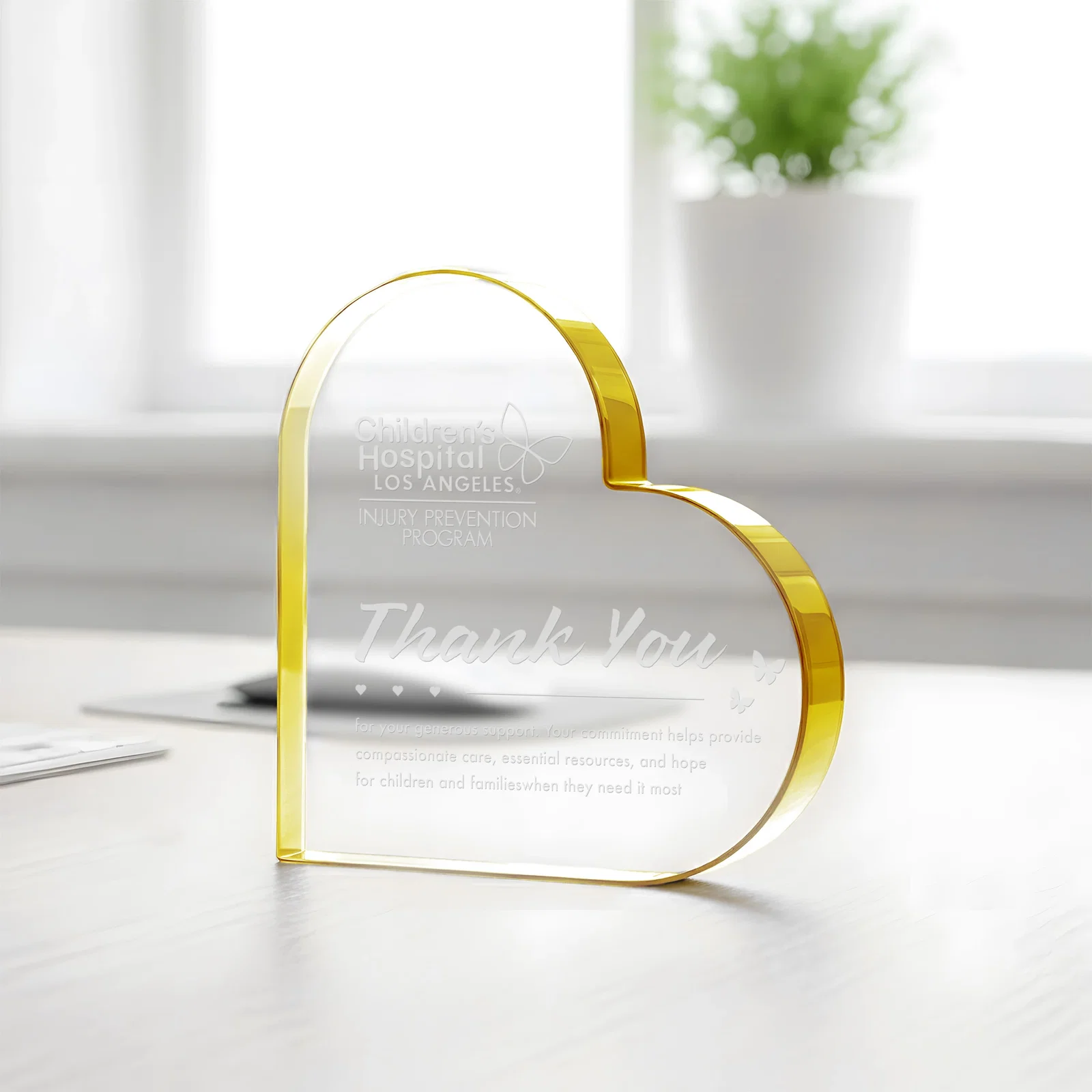 Custom Starfire Crystal Heart Award With Colored Edge Accents, desk awards for dealer and partner awards